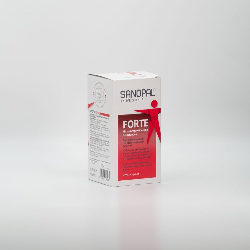 Sanopal Forte-Verpackung. Weißer Karton mit roter Schrift und Logo. Produktansicht von der Seite.