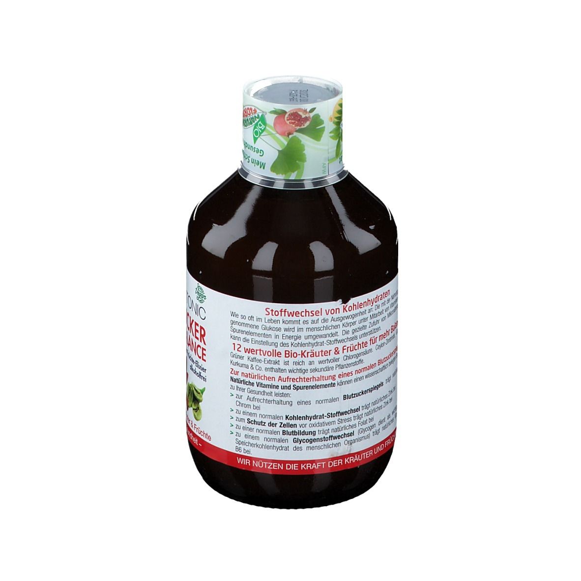 Rückansicht einer Flasche mit brauner Flüssigkeit. Etikett mit Text: FITONIC BLUTZUCKER BALANCE. Informationen zum Stoffwechsel.