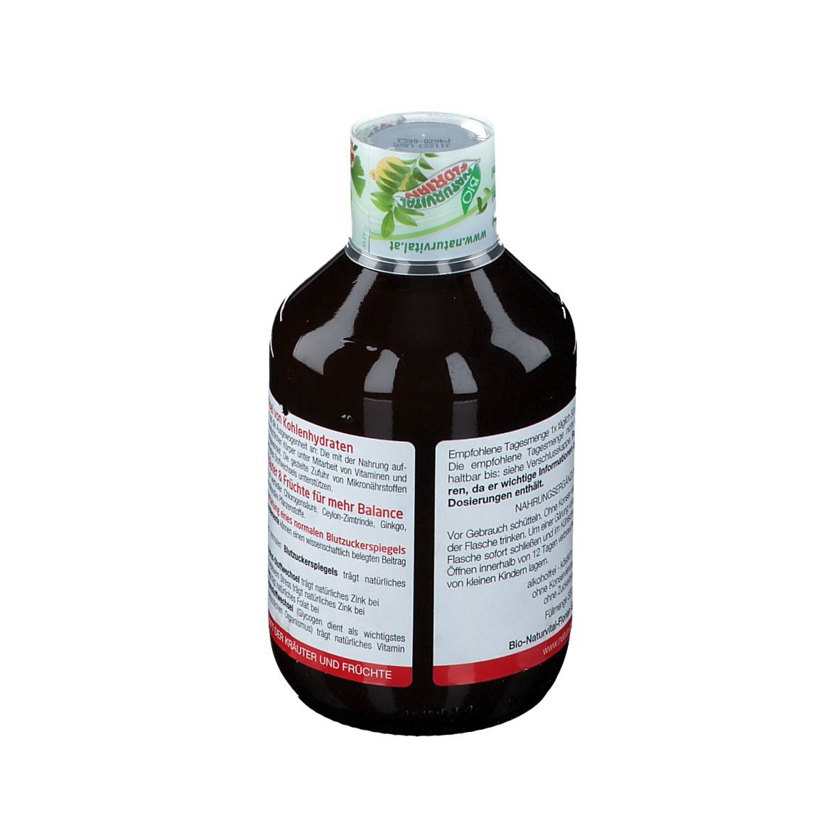 Rückansicht einer Flasche mit brauner Flüssigkeit. Etikett mit Text: FITONIC BLUTZUCKER BALANCE. Informationen zur Einnahme.