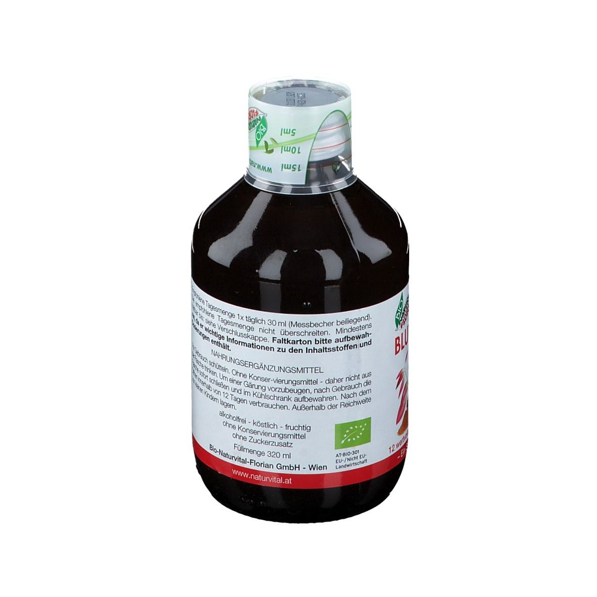 Rückansicht einer Flasche mit brauner Flüssigkeit. Etikett mit Text: FITONIC BLUTZUCKER BALANCE. Informationen zur Dosierung.