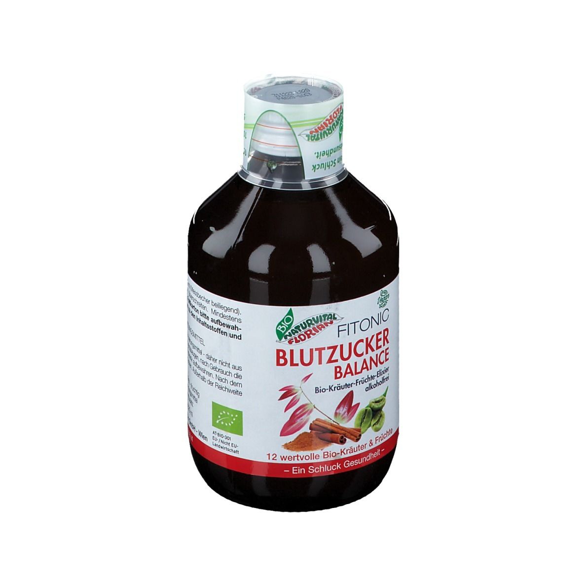 Flasche mit brauner Flüssigkeit. Aufschrift: FITONIC BLUTZUCKER BALANCE. Bio-Kräuter-Früchte-Elixier. Abbildung von Zimt und Blättern.