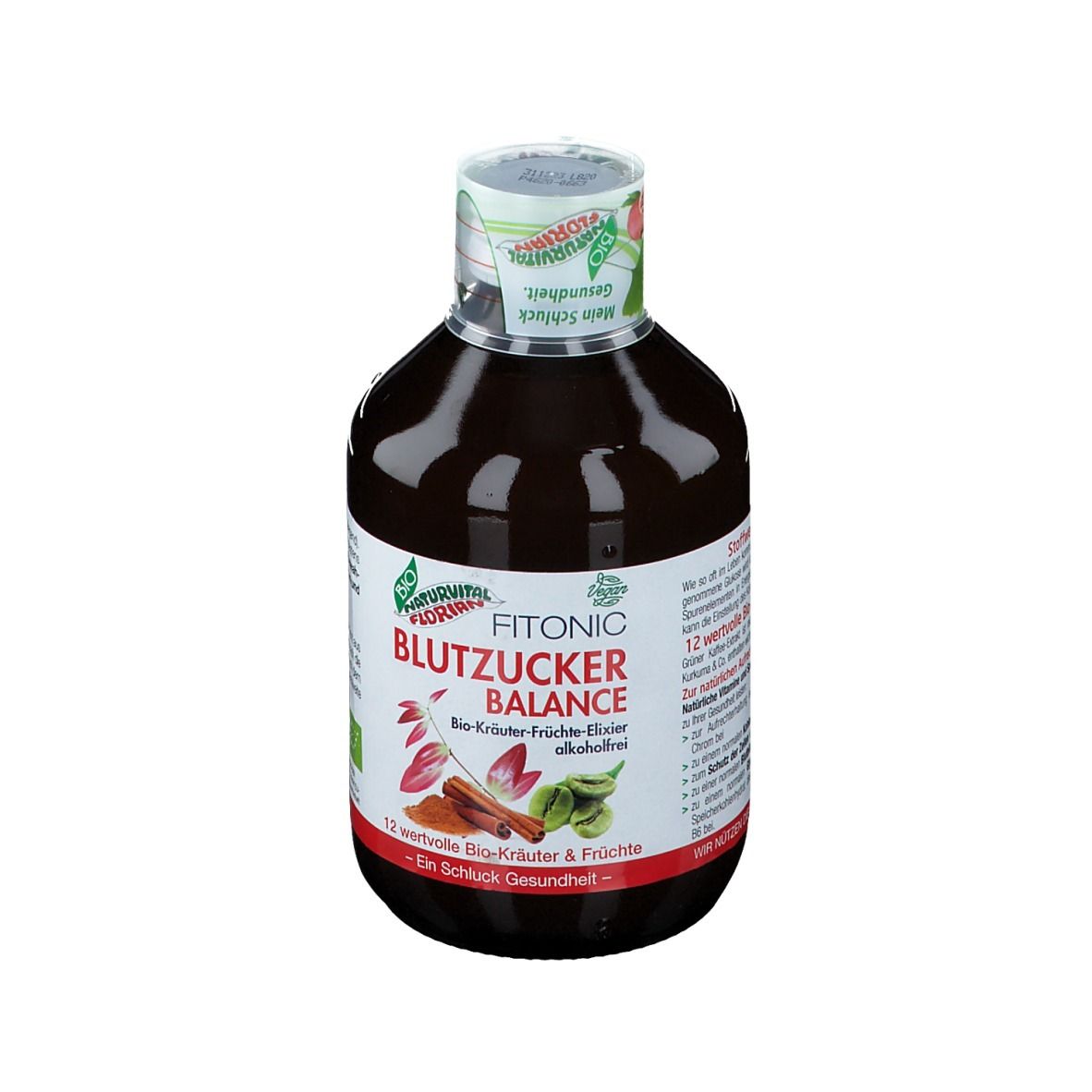Flasche mit brauner Flüssigkeit. Aufschrift: FITONIC BLUTZUCKER BALANCE. Bio-Kräuter-Früchte-Elixier. Zimt und Blätter abgebildet.