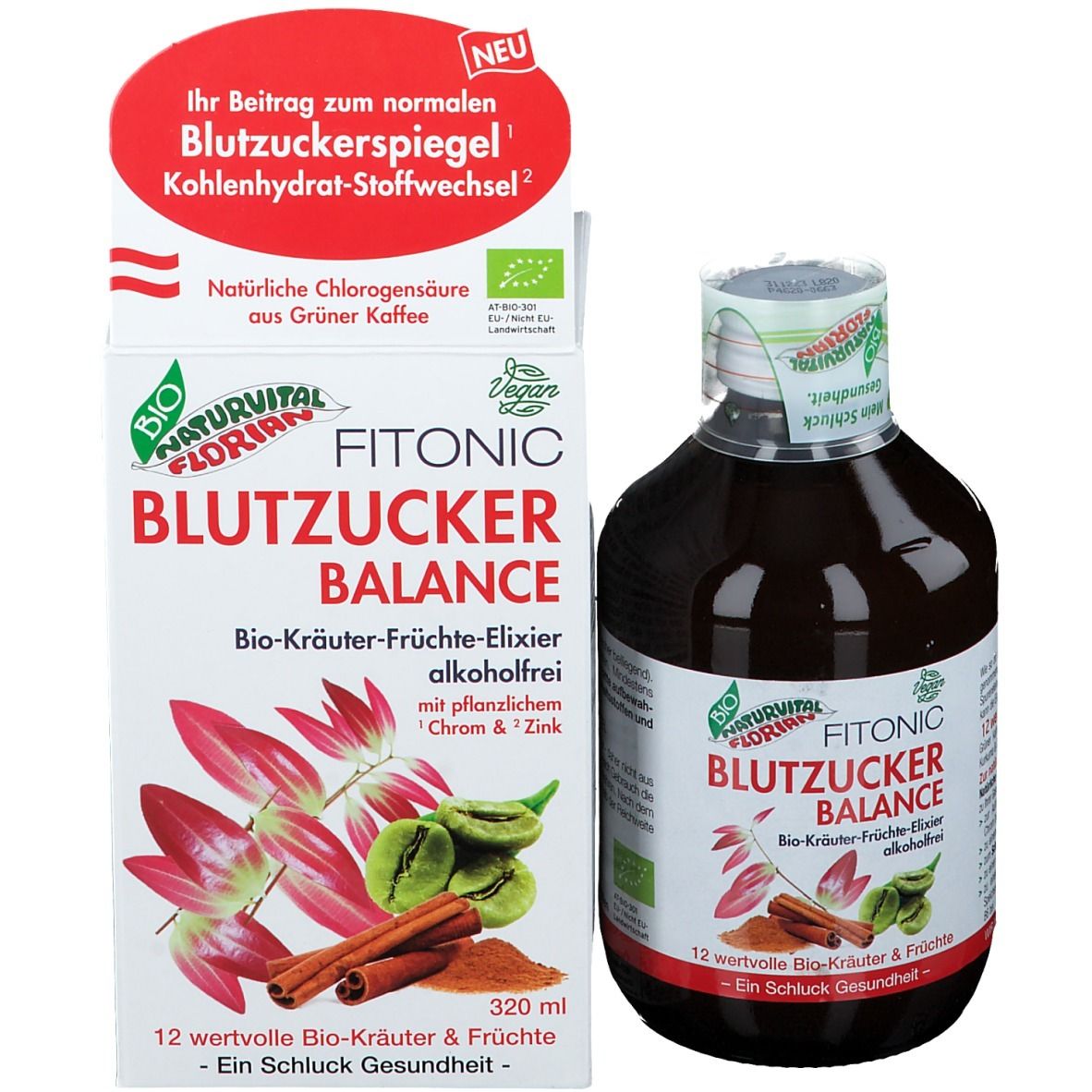 Produktverpackung und Flasche. Aufschrift: FITONIC BLUTZUCKER BALANCE. Bio-Kräuter-Früchte-Elixier. Mit pflanzlichem Chrom & Zink.