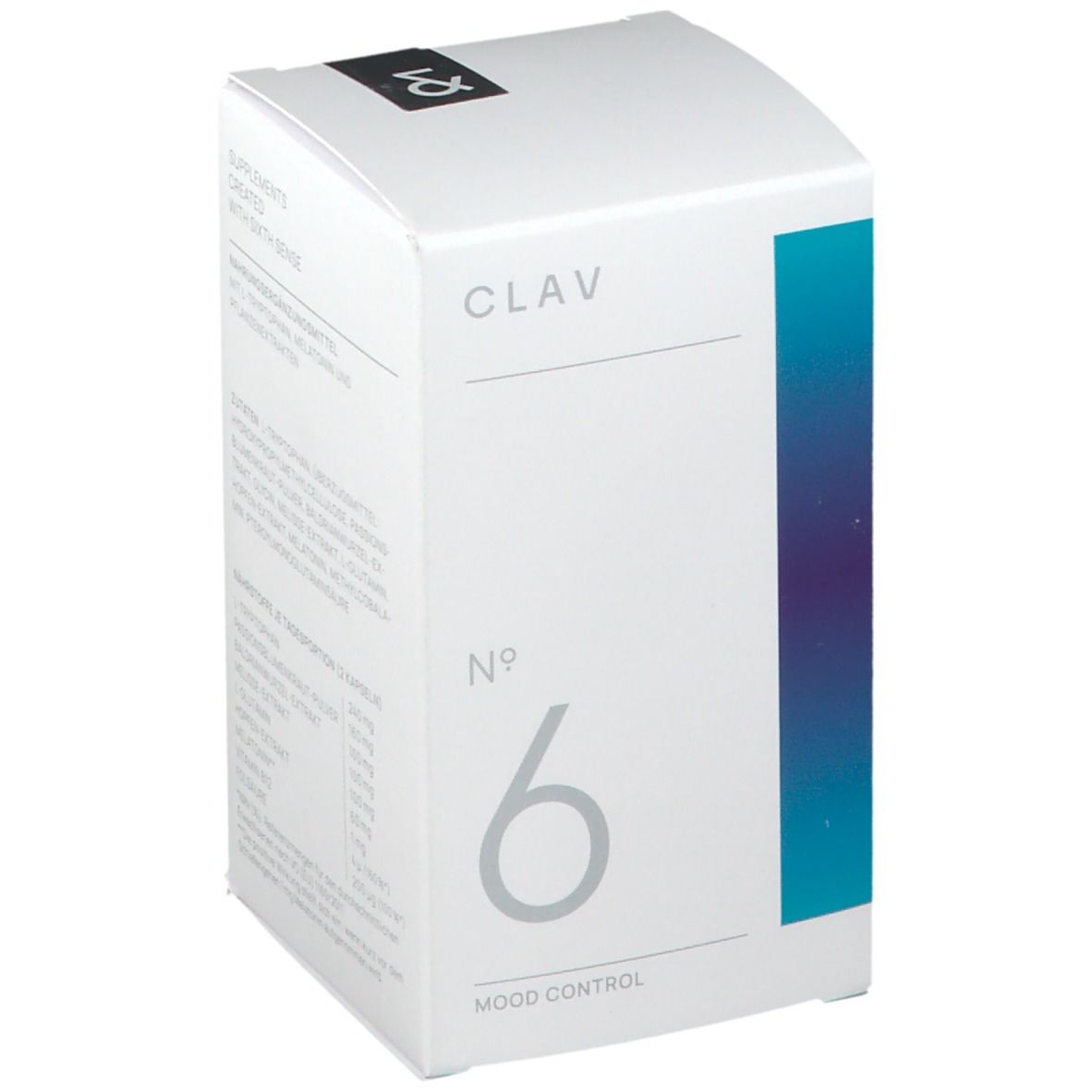 Weiße Schachtel mit CLAV-Logo, Nr. 6 und Mood Control. Blaue Farbfläche. Nahrungsergänzungsmittel.