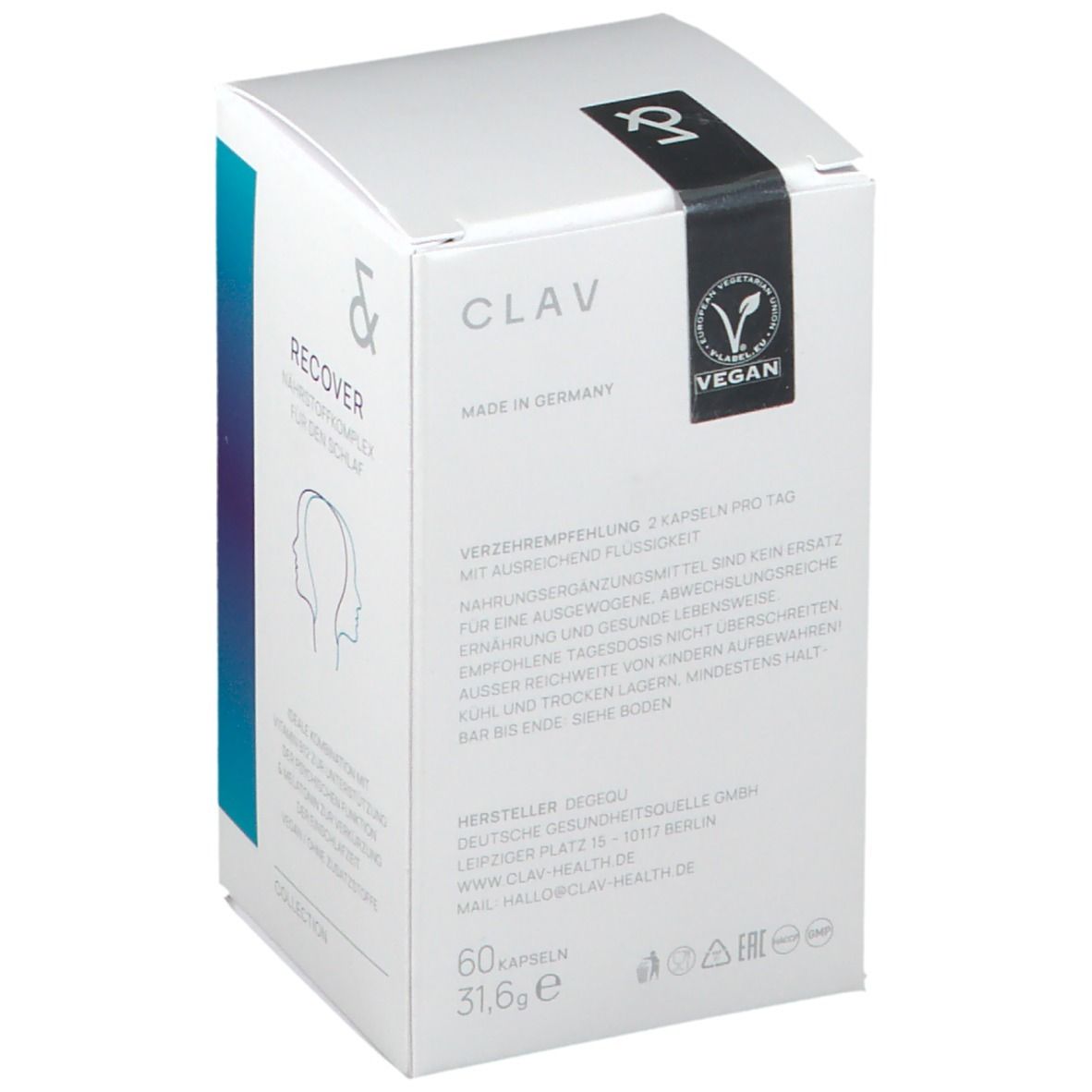 Weiße Schachtel mit CLAV-Logo, Vegan-Siegel und Text. 60 Kapseln. Nahrungsergänzungsmittel.
