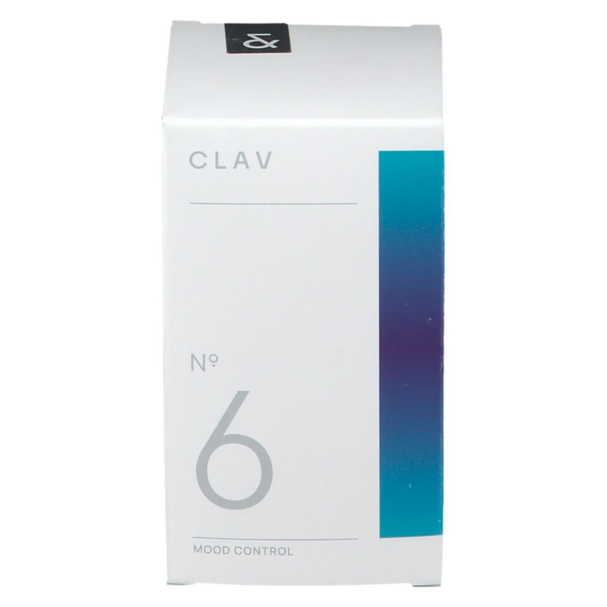 Weiße Schachtel mit CLAV-Logo, Nr. 6 und Mood Control. Blaue Farbfläche. Nahrungsergänzungsmittel.