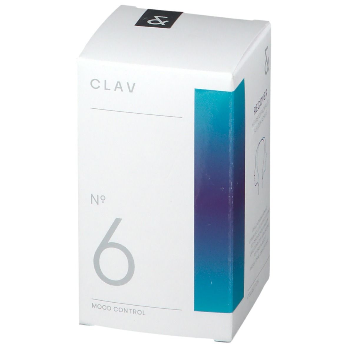 Weiße Schachtel mit CLAV-Logo, Nr. 6 und Mood Control. Blaue Farbfläche. Nahrungsergänzungsmittel.