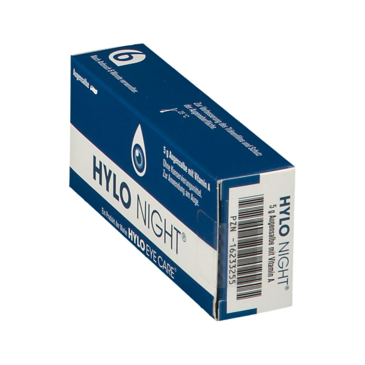 Blaue Faltschachtel, schräg. "HYLO NIGHT®"-Schriftzug. Enthält 5 g Augensalbe mit Vitamin A. Aufdrucke: "Augensalbe", "HYLO EYE CARE".