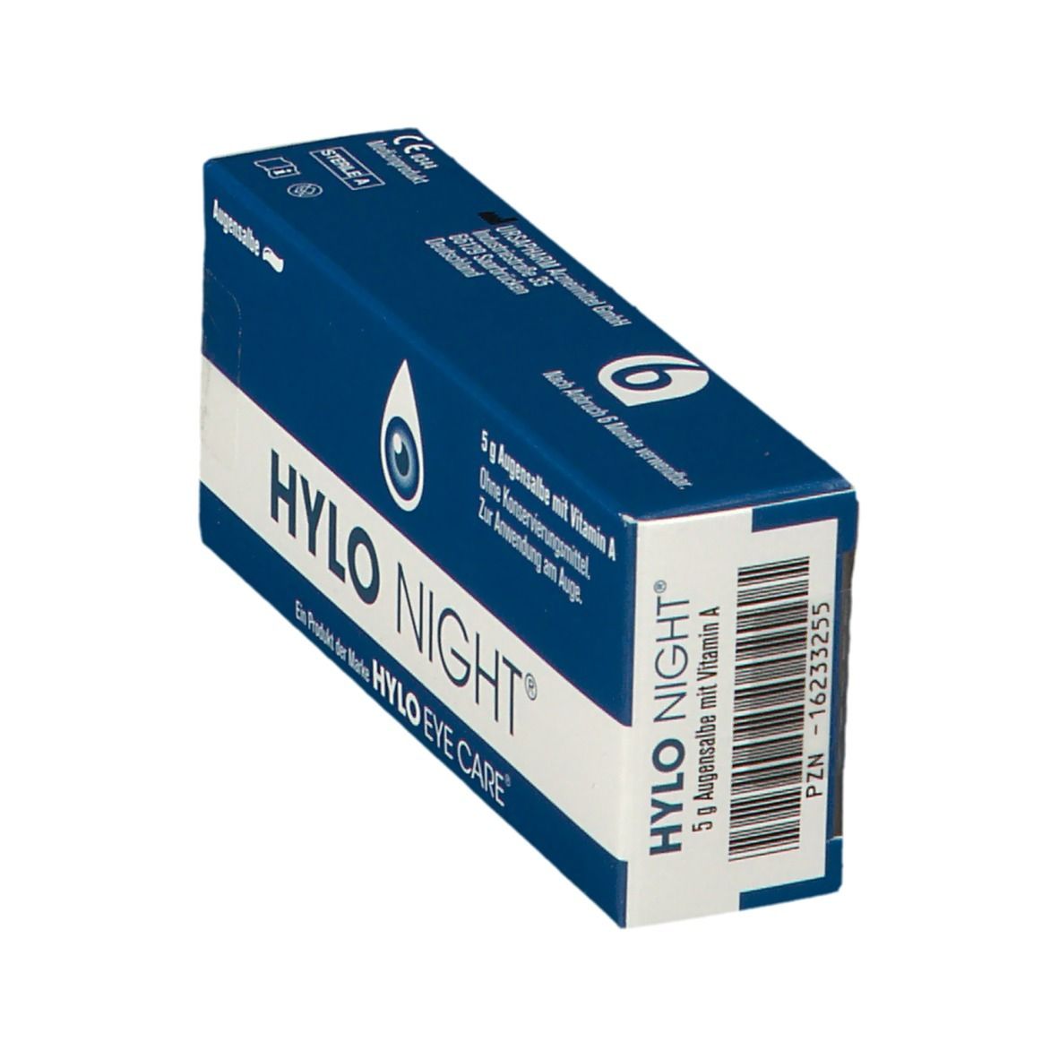 Blaue Faltschachtel, schräg. "HYLO NIGHT®"-Schriftzug. Enthält 5 g Augensalbe mit Vitamin A. Aufdrucke: "Augensalbe", "HYLO EYE CARE".