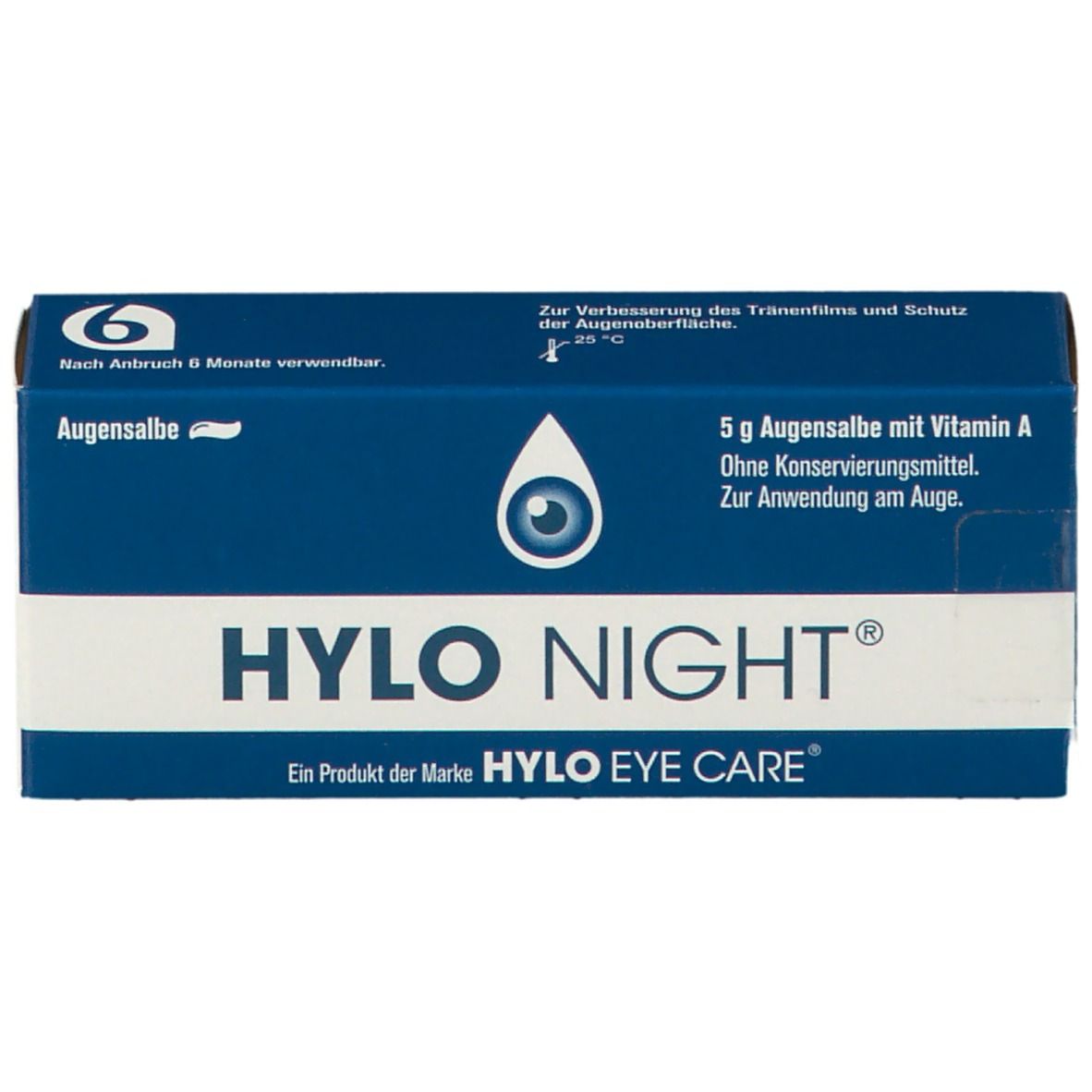 Blaue Faltschachtel mit "HYLO NIGHT®"-Schriftzug. Enthält 5 g Augensalbe mit Vitamin A. Aufdrucke: "Augensalbe", "HYLO EYE CARE".