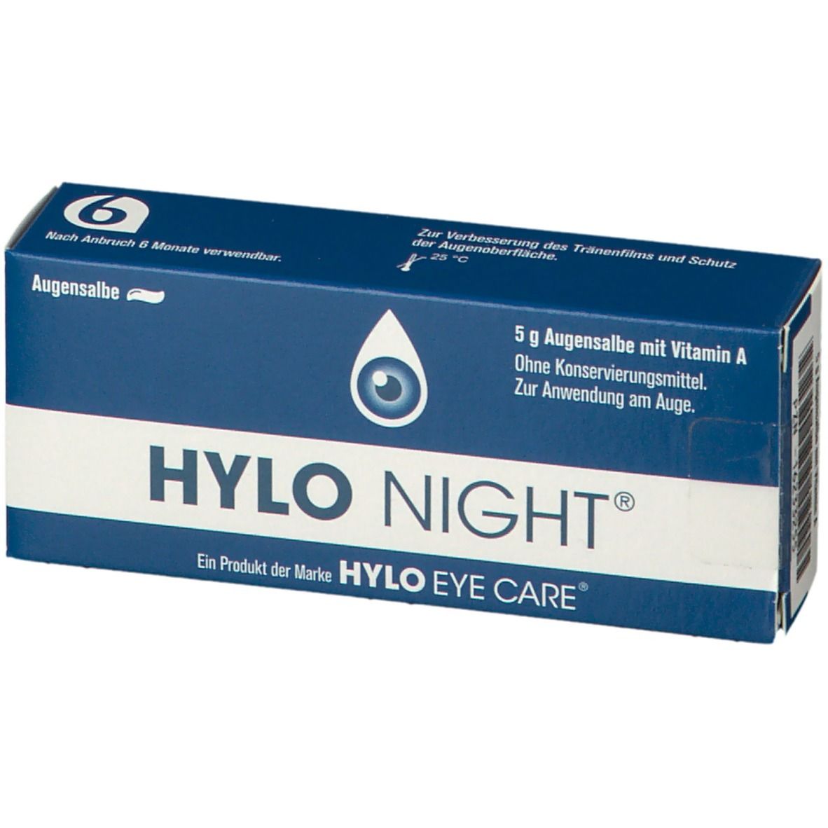 Blaue Faltschachtel mit "HYLO NIGHT®"-Schriftzug. Enthält 5 g Augensalbe mit Vitamin A. Aufdrucke: "Augensalbe", "HYLO EYE CARE".