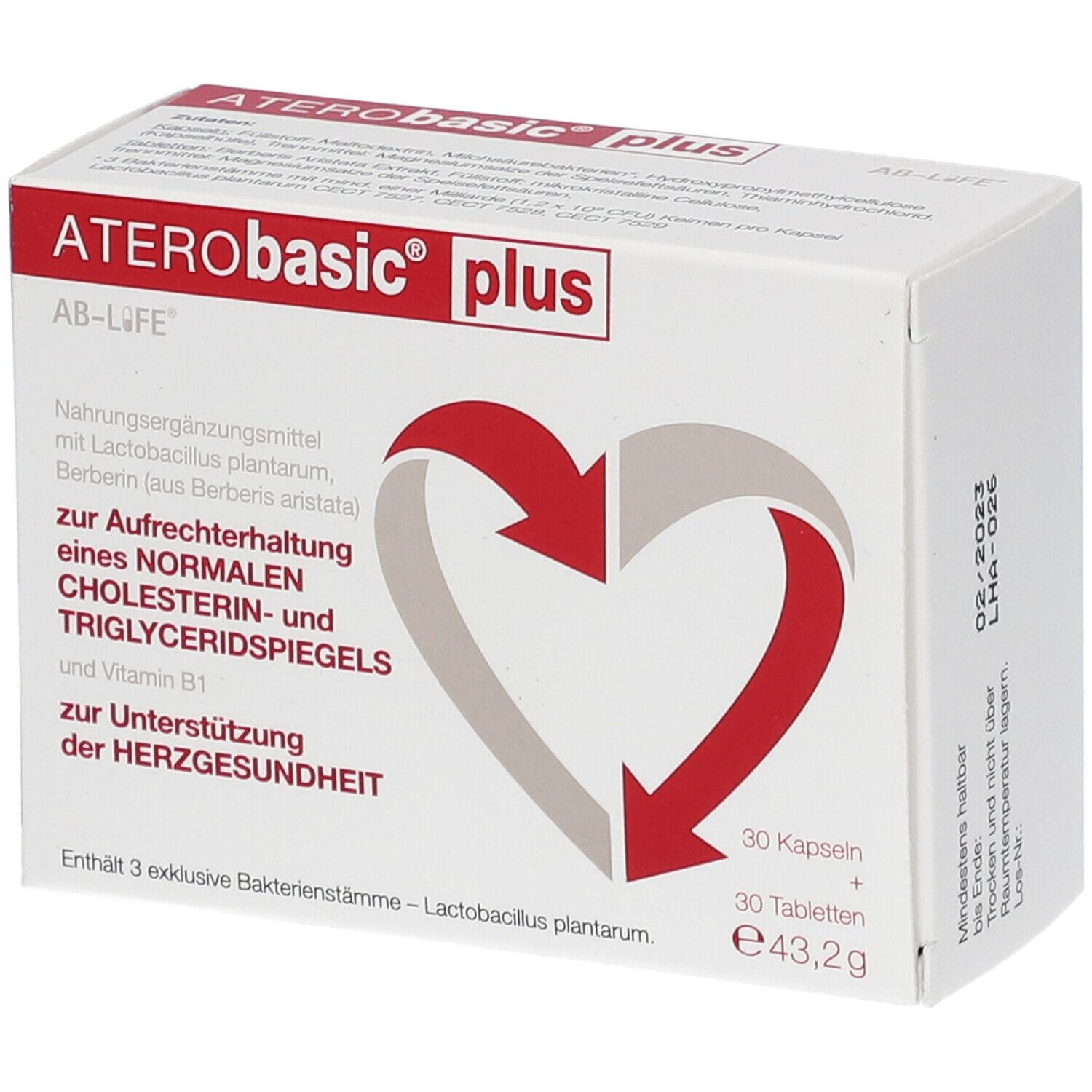 Schachtel ATERObasic® plus. Rote und graue Herz-Pfeil-Grafik. Text: Nahrungsergänzungsmittel, 30 Kapseln + 30 Tabletten.