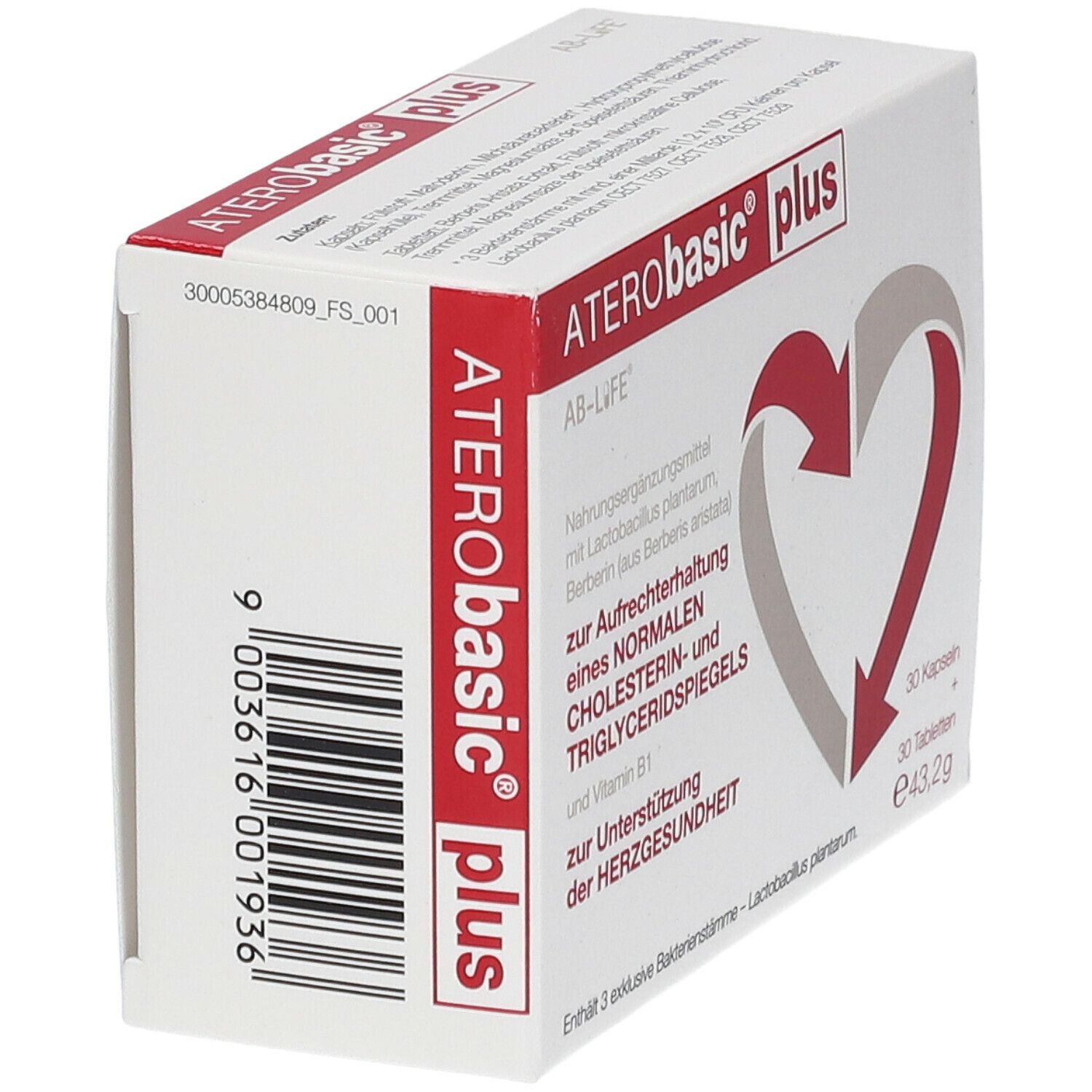 Schachtel ATERObasic® plus, Seitenansicht. Barcode und Text. Rote und graue Herz-Pfeil-Grafik. 30 Kapseln + 30 Tabletten.