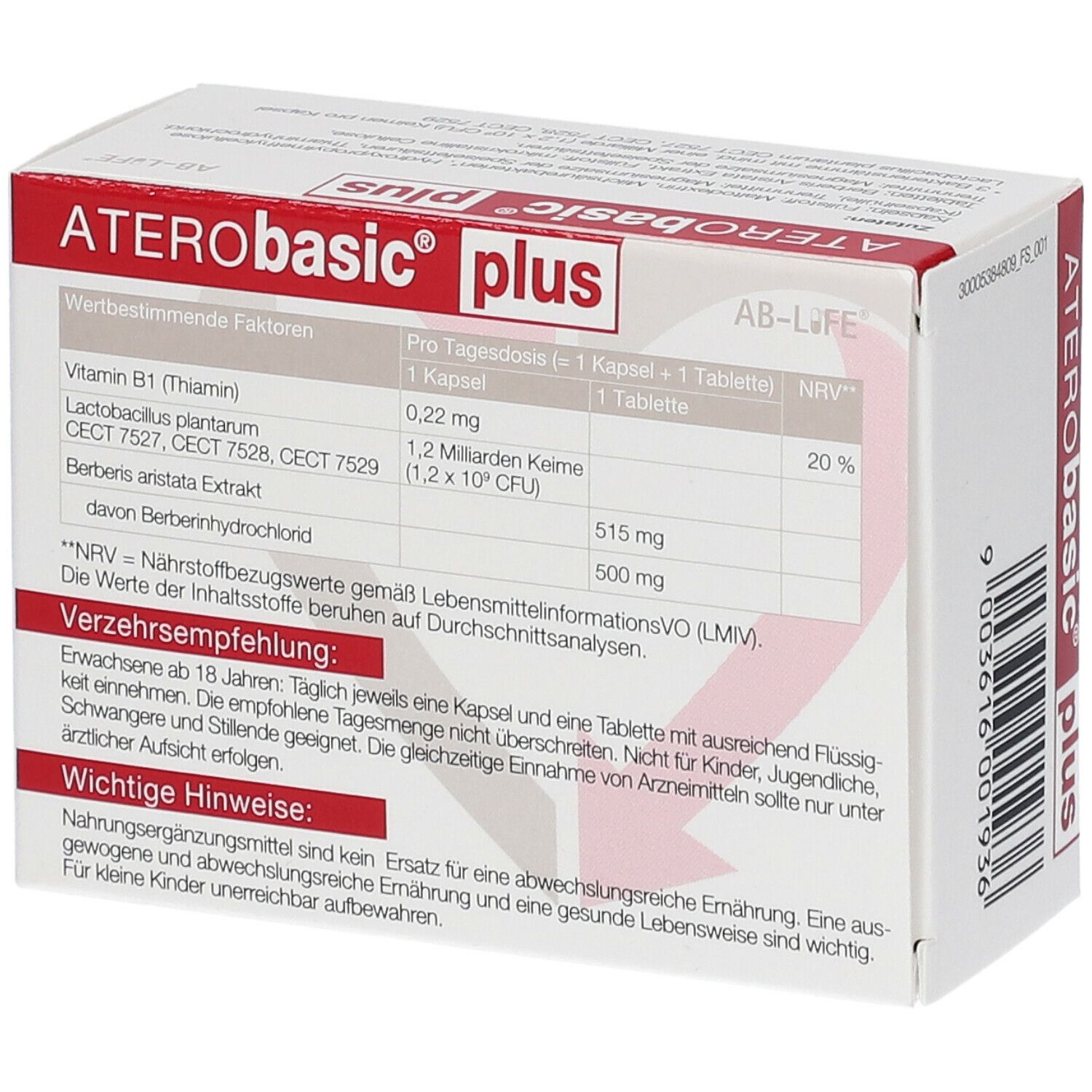 Schachtel ATERObasic® plus, Rückseite. Inhaltsstofftabelle. Text: Nahrungsergänzungsmittel. Verzehrsempfehlung. Wichtige Hinweise.