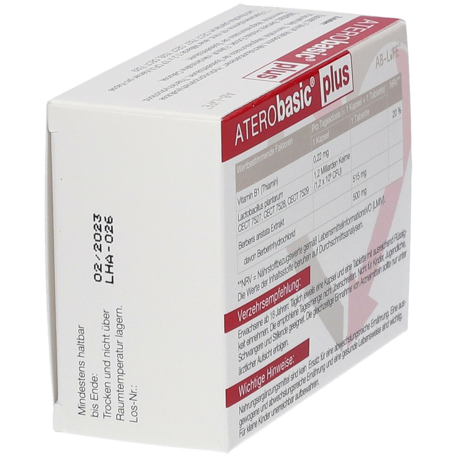 Schachtel ATERObasic® plus, Seitenansicht. Mindestens haltbar bis. Text: Trocken und nicht über Raumtemperatur lagern.