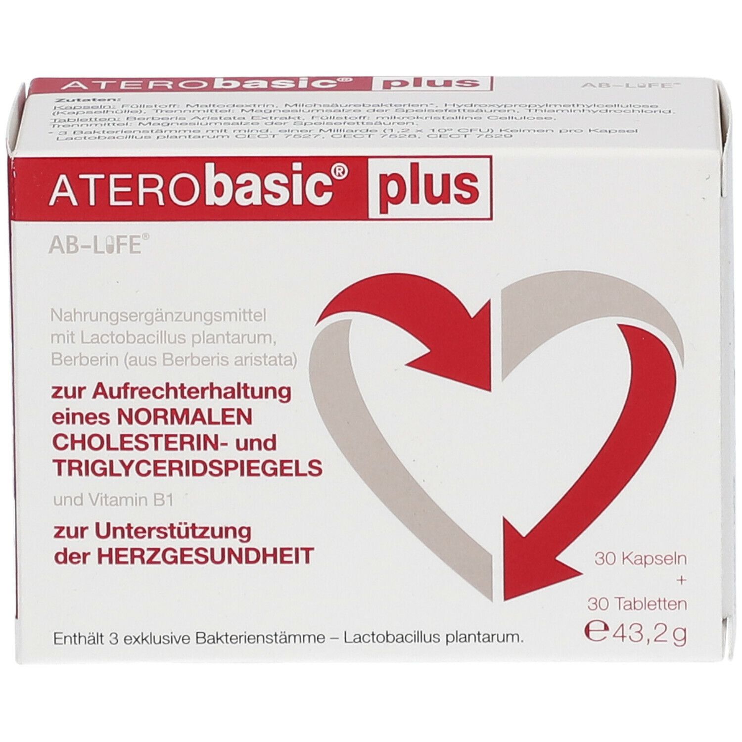 Schachtel ATERObasic® plus. Rote und graue Herz-Pfeil-Grafik. Text: Nahrungsergänzungsmittel, 30 Kapseln + 30 Tabletten.