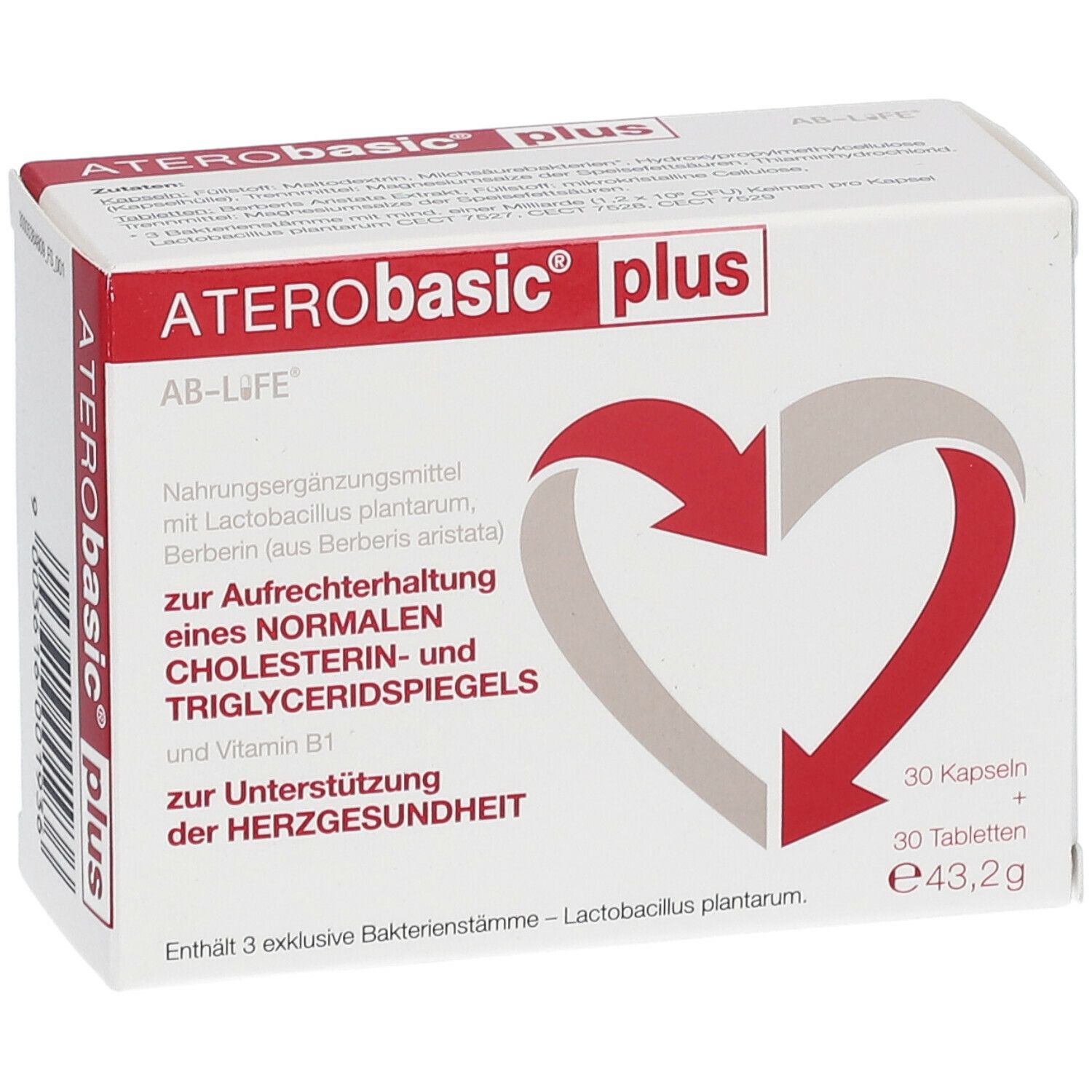 Schachtel ATERObasic® plus. Rote und graue Herz-Pfeil-Grafik. Text: Nahrungsergänzungsmittel, 30 Kapseln + 30 Tabletten.