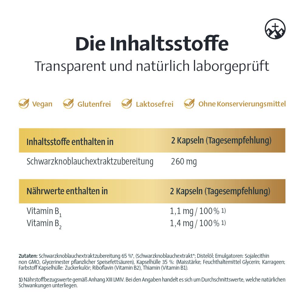 Inhaltsstoff-Tabelle. Enthält 2 Kapseln (Tagesempfehlung) mit Schwarzkoblauchextrakt, Vitamin B1 und B2. Vegan, glutenfrei, laktosefrei.