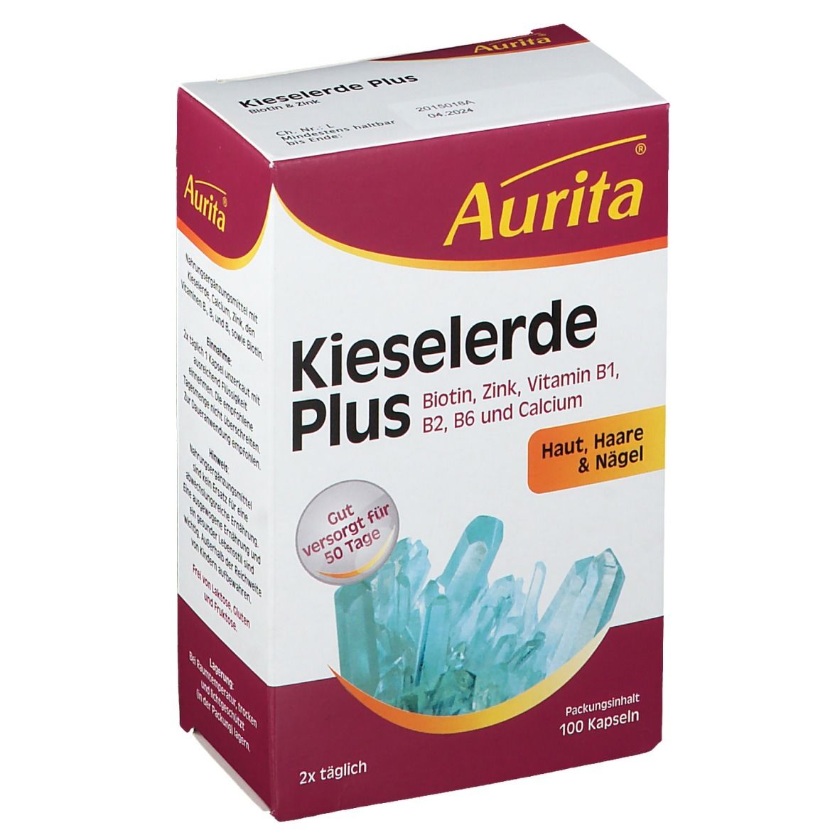 Aurita Kieselerde Plus-Verpackung. Aufschrift: Kieselerde Plus, Biotin, Zink, Vitamine B1, B2, B6 und Calcium. 100 Kapseln.