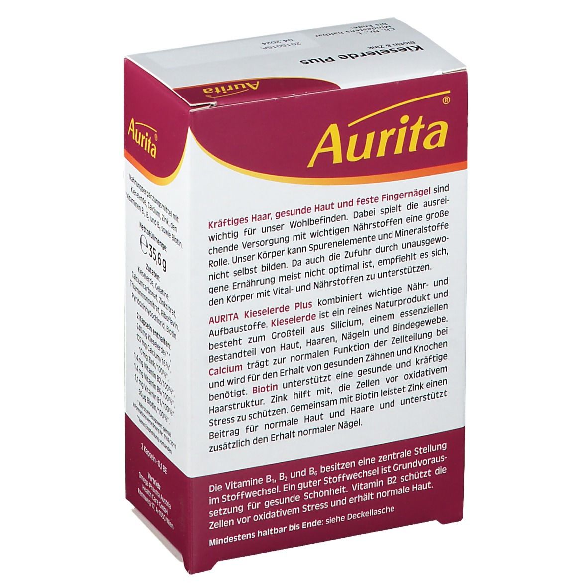 Aurita Kieselerde Plus-Verpackung. Text auf der Seite: Kieselerde Plus kombiniert wichtige Nähr- und Aufbaustoffe. Enthält Biotin, Zink und Calcium.