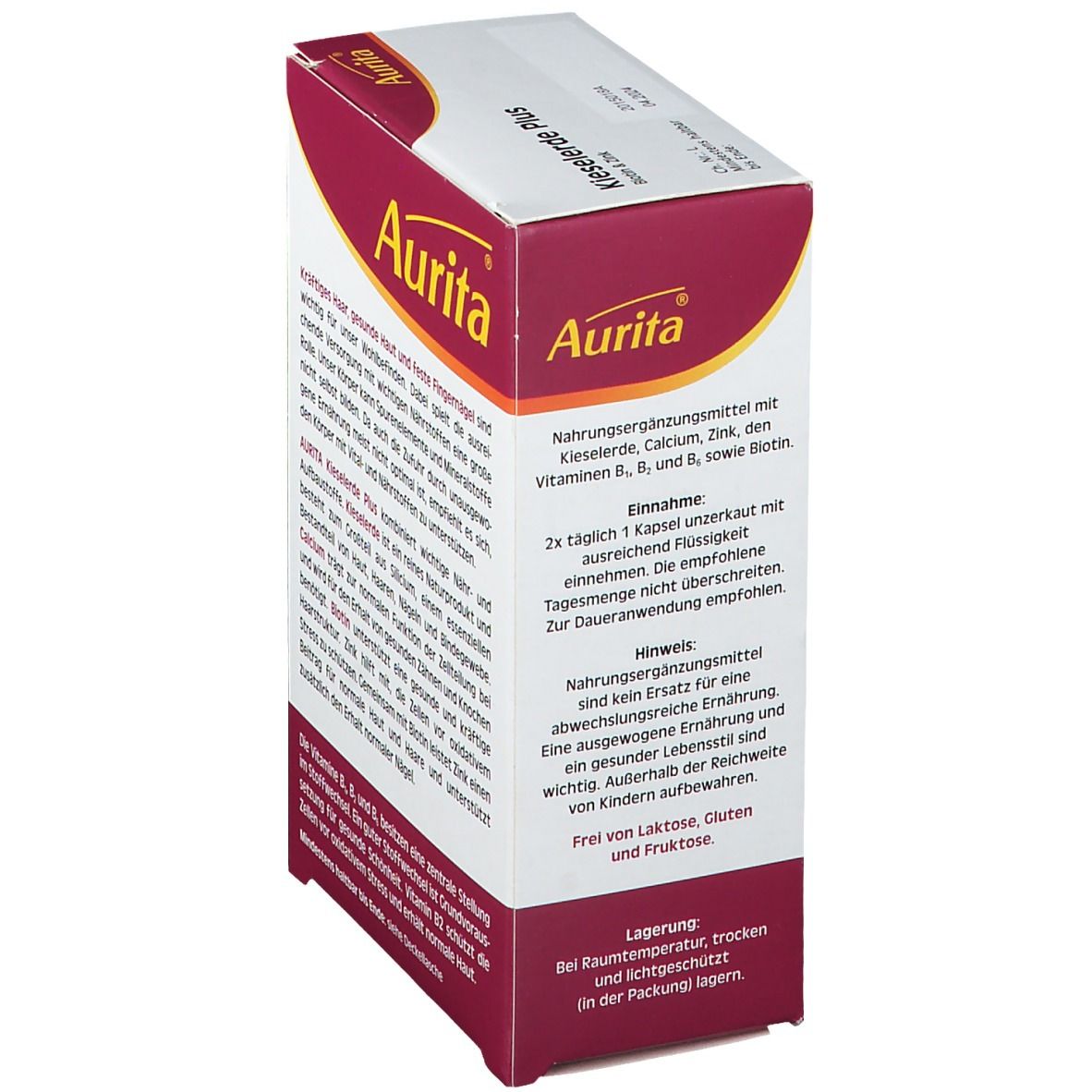 Aurita Kieselerde Plus-Verpackung. Aufschrift: Kieselerde Plus, Calcium, Zink, Vitamine B, B6, sowie Biotin. Lagerungshinweis.