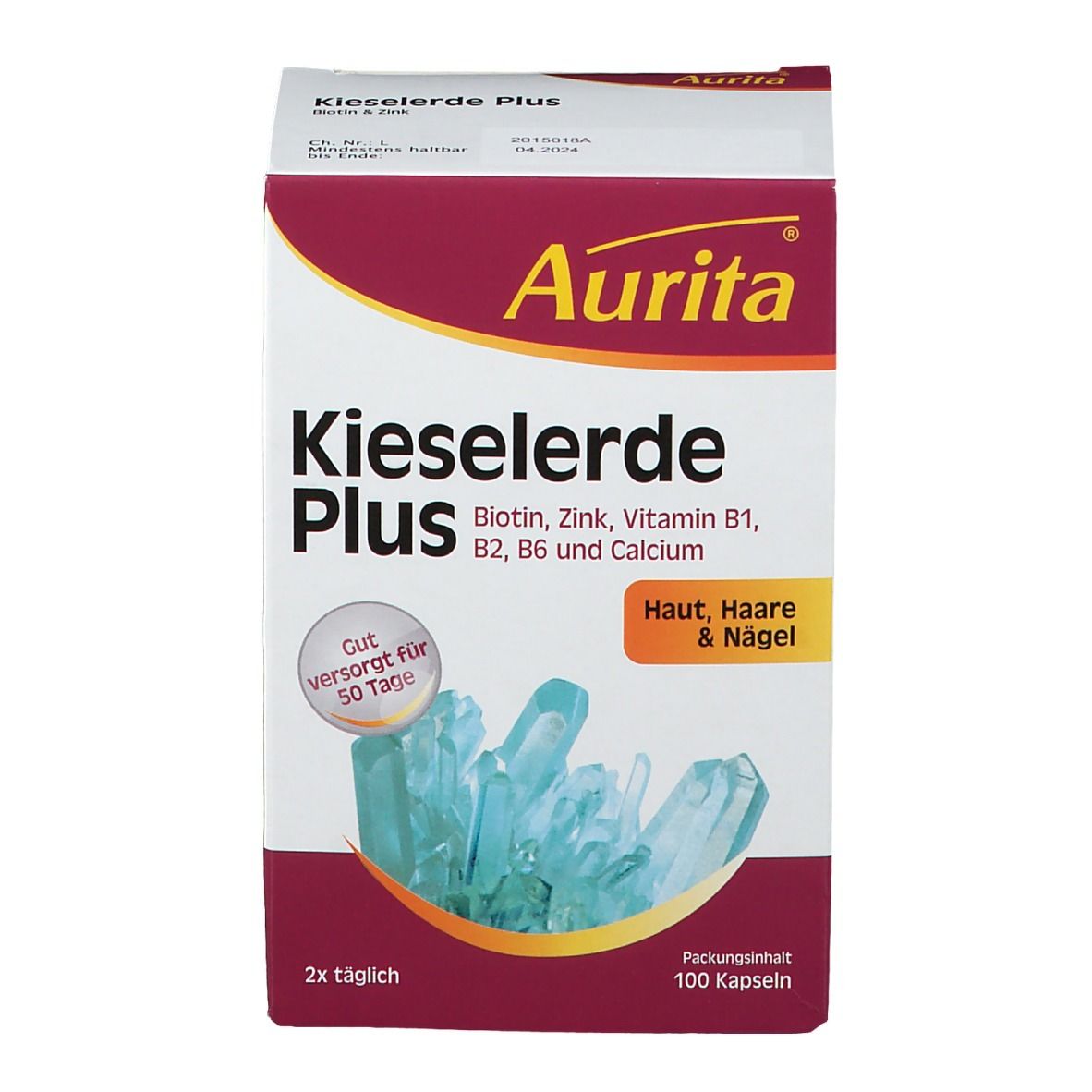 Aurita Kieselerde Plus-Verpackung. Aufschrift: Kieselerde Plus, Biotin, Zink, Vitamine B1, B2, B6 und Calcium. 100 Kapseln.
