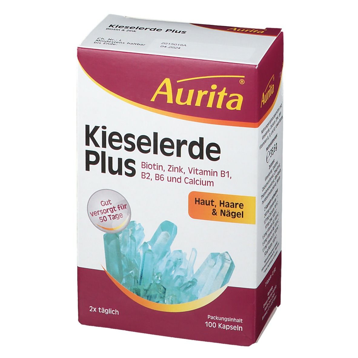 Aurita Kieselerde Plus-Verpackung. Aufschrift: Kieselerde Plus, Biotin, Zink, Vitamine B1, B2, B6 und Calcium. 100 Kapseln.