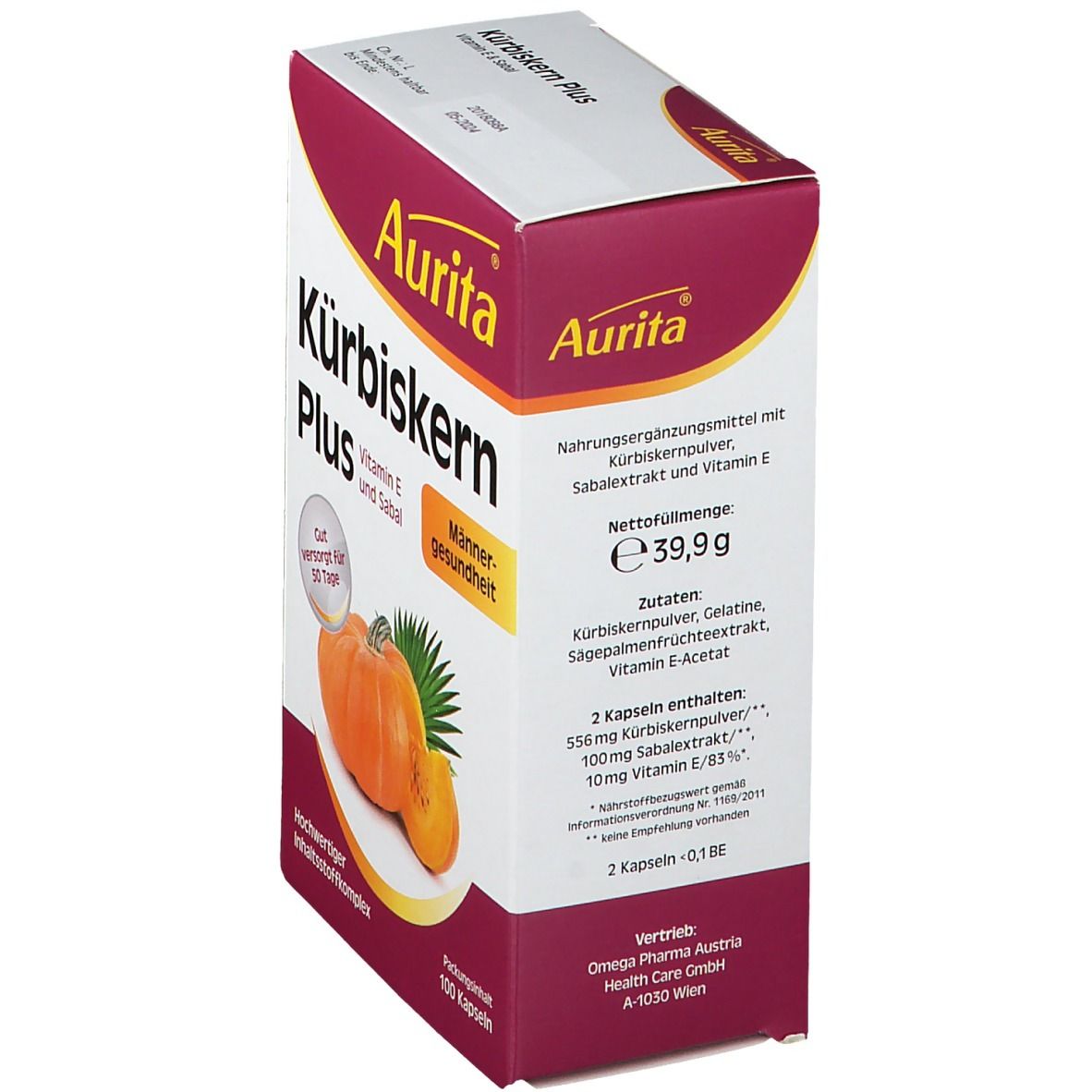 Aurita Kürbiskern Plus Packung, schräg. Aufdruck: Kürbiskern Plus, Vitamin E und Sabal. Zutatenliste. Nettofüllmenge: 39,9g.