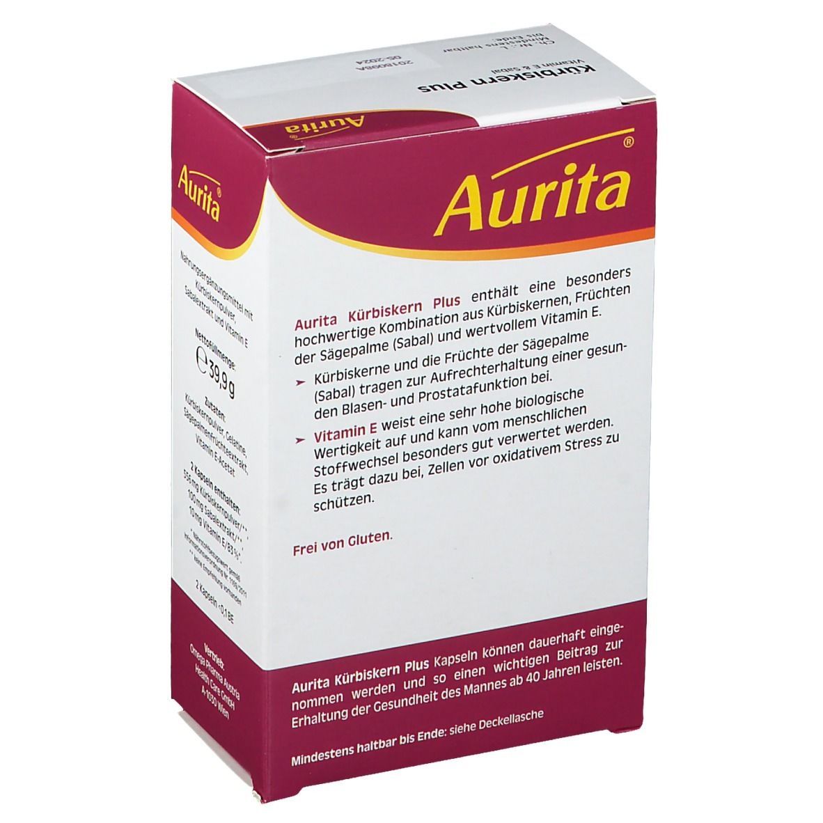 Aurita Kürbiskern Plus Packung. Rückseite mit Text. Enthält Kürbiskern, Sägepalme und Vitamin E. Frei von Gluten.