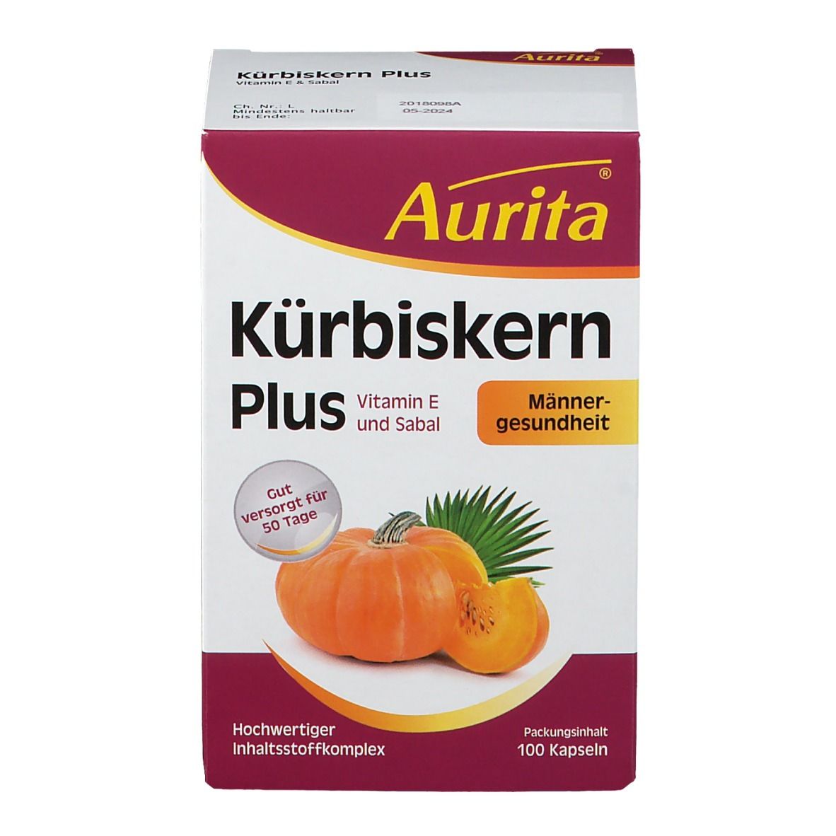 Aurita Kürbiskern Plus Packung. Aufdruck: Kürbiskern Plus, Vitamin E und Sabal, Männergessundheit. Abbildung: Kürbis.
