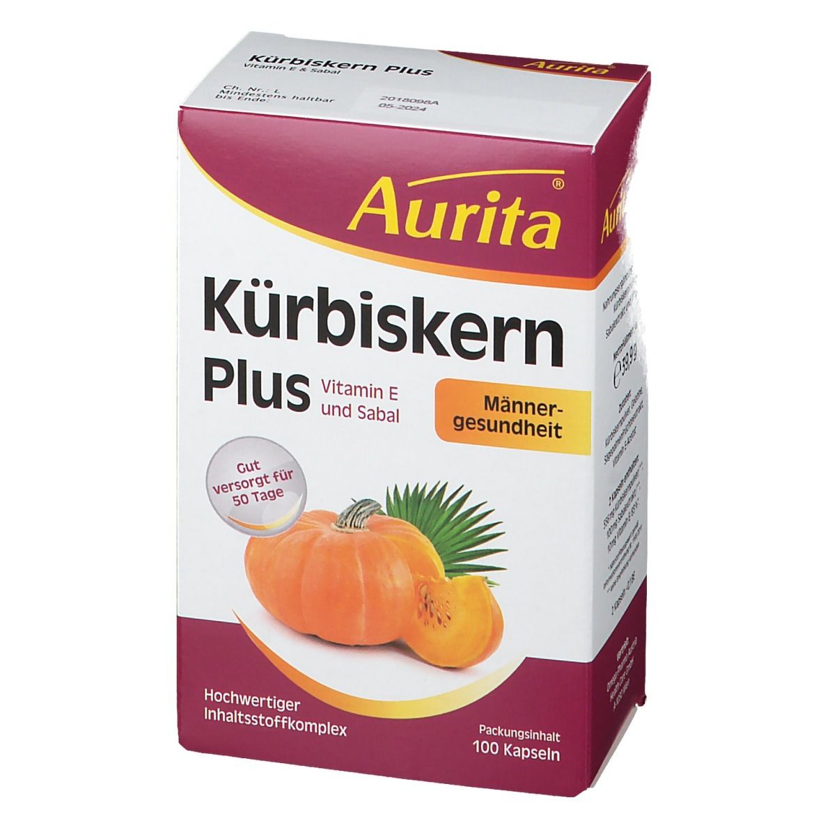 Aurita Kürbiskern Plus Packung. Aufdruck: Kürbiskern Plus, Vitamin E und Sabal, Männergessundheit. Abbildung: Kürbis.