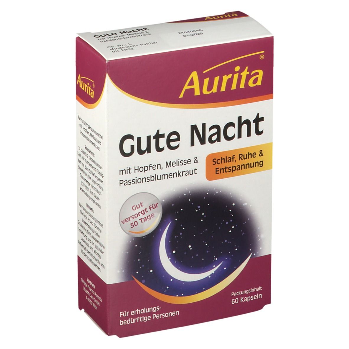 Aurita Gute Nacht-Verpackung. Box mit Produktnamen, Mond- und Sternenmotiv. Enthält 60 Kapseln.