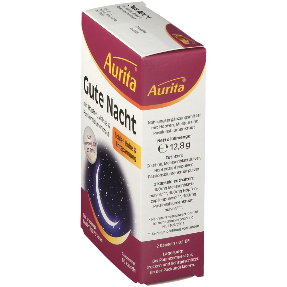 Aurita Gute Nacht-Verpackung. Box mit Produktnamen, Mond- und Sternenmotiv. Enthält 60 Kapseln. Detailansicht.