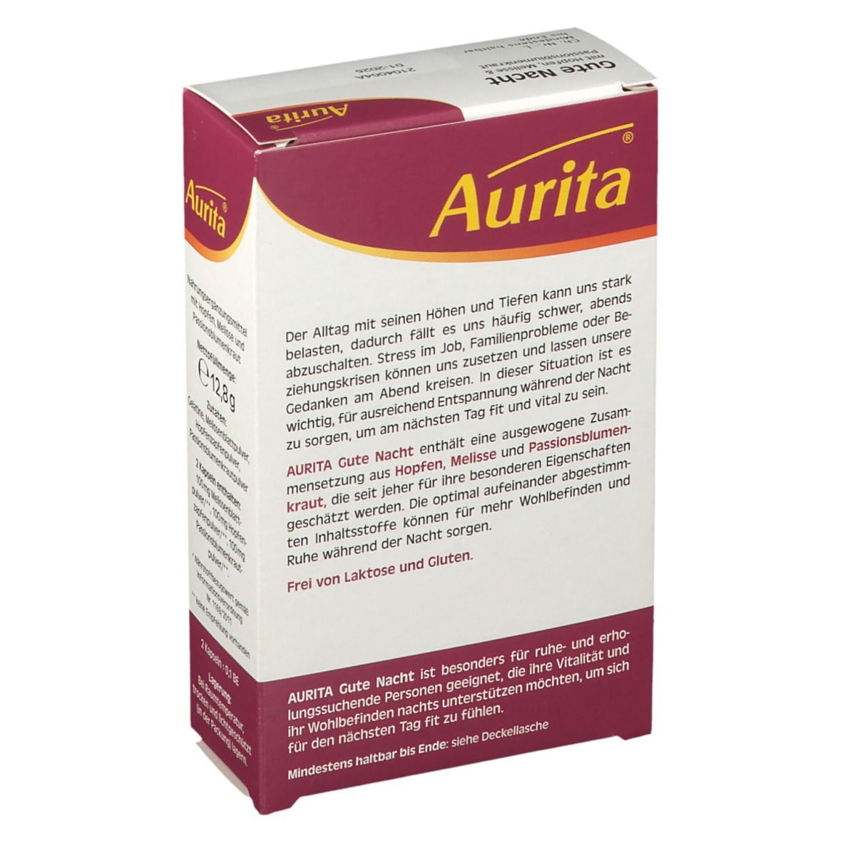 Aurita Gute Nacht-Verpackung. Box mit Produktnamen, Mond- und Sternenmotiv. Text auf der Rückseite. 12,8g.