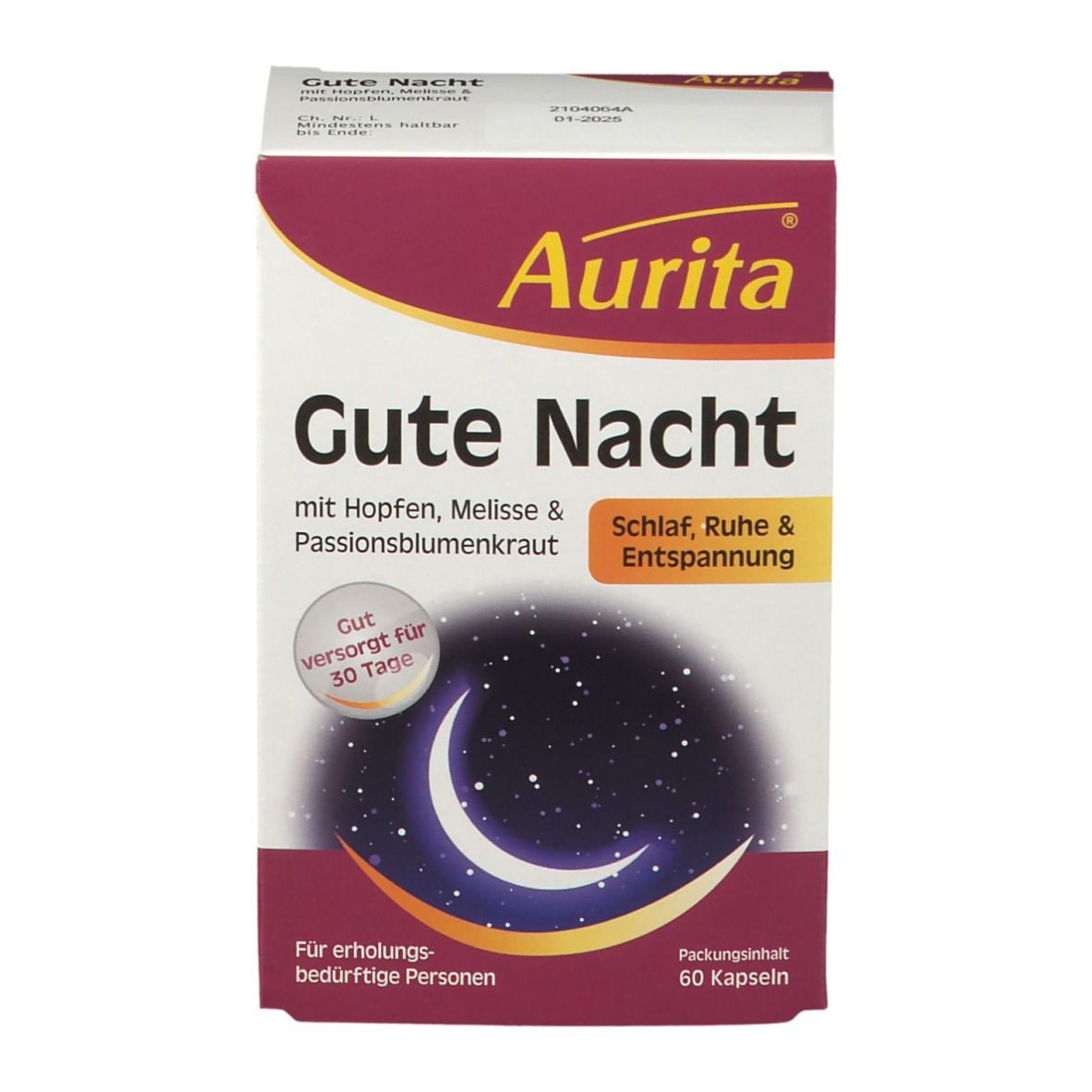Aurita Gute Nacht-Verpackung. Box mit Produktnamen, Mond- und Sternenmotiv. Enthält 60 Kapseln.