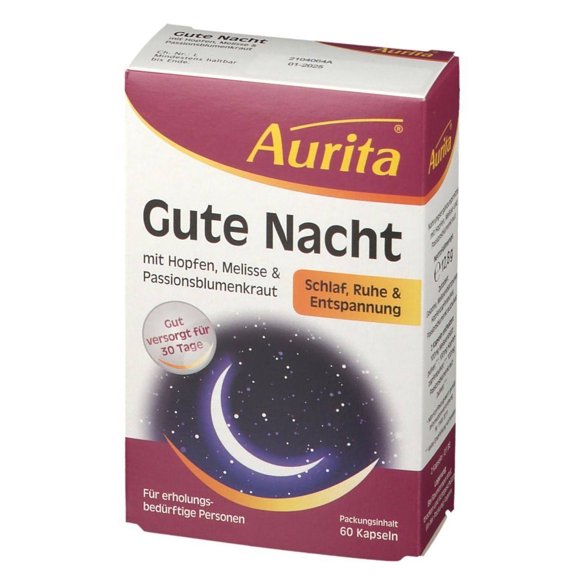 Aurita Gute Nacht-Verpackung. Box mit Produktnamen, Mond- und Sternenmotiv. Enthält 60 Kapseln.