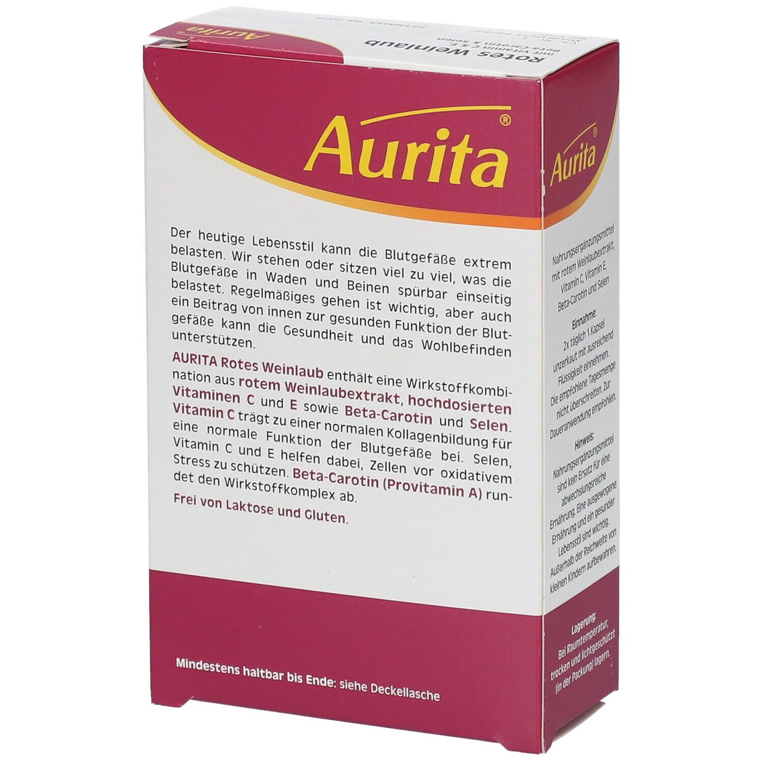Aurita® Rotes Weinlaub-Verpackung, Rückseite. Text über Inhaltsstoffe und Vorteile. Frei von Laktose. Mindesthaltbarkeit.