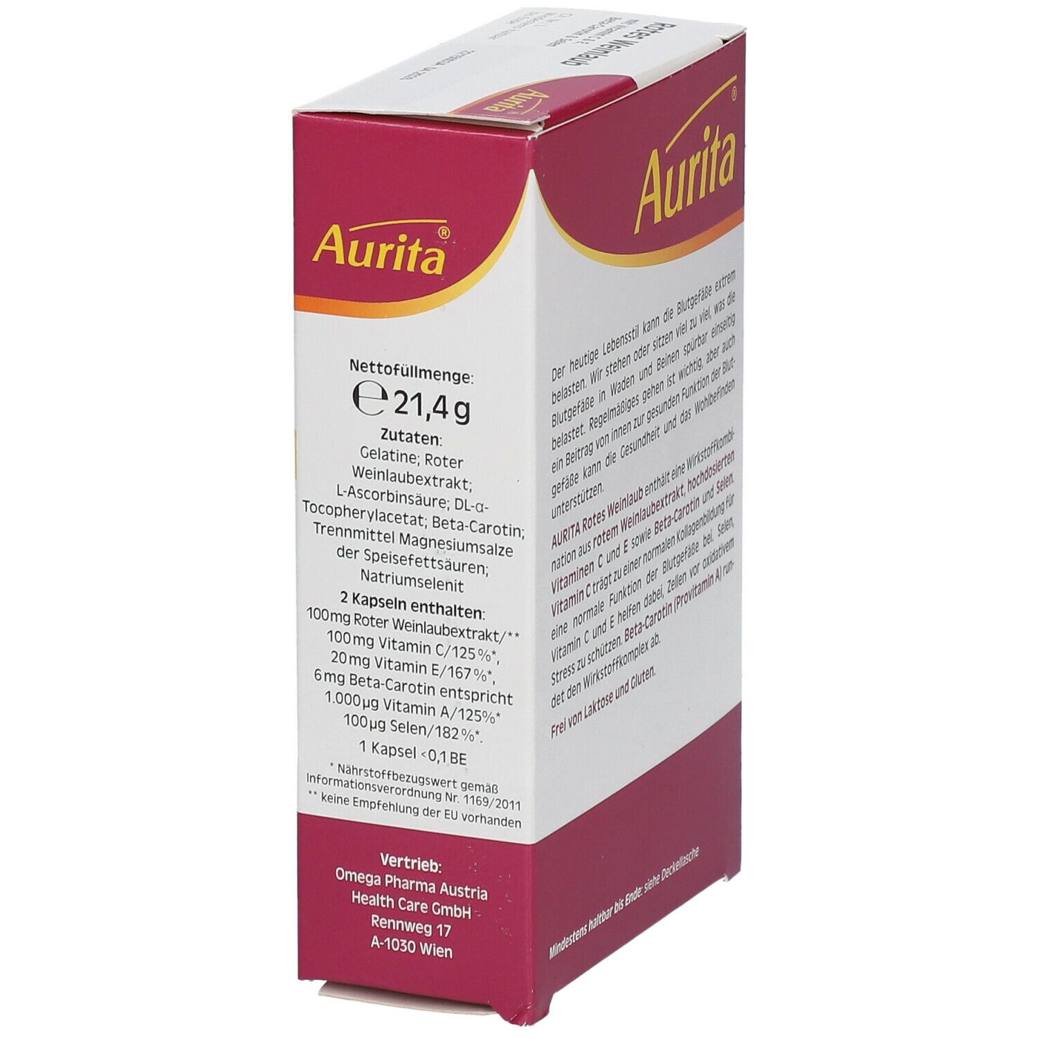 Aurita® Rotes Weinlaub-Verpackung, Seitenansicht. Enthält 21,4g. Zutatenliste und Nährwertangaben. Herstellerinformationen.