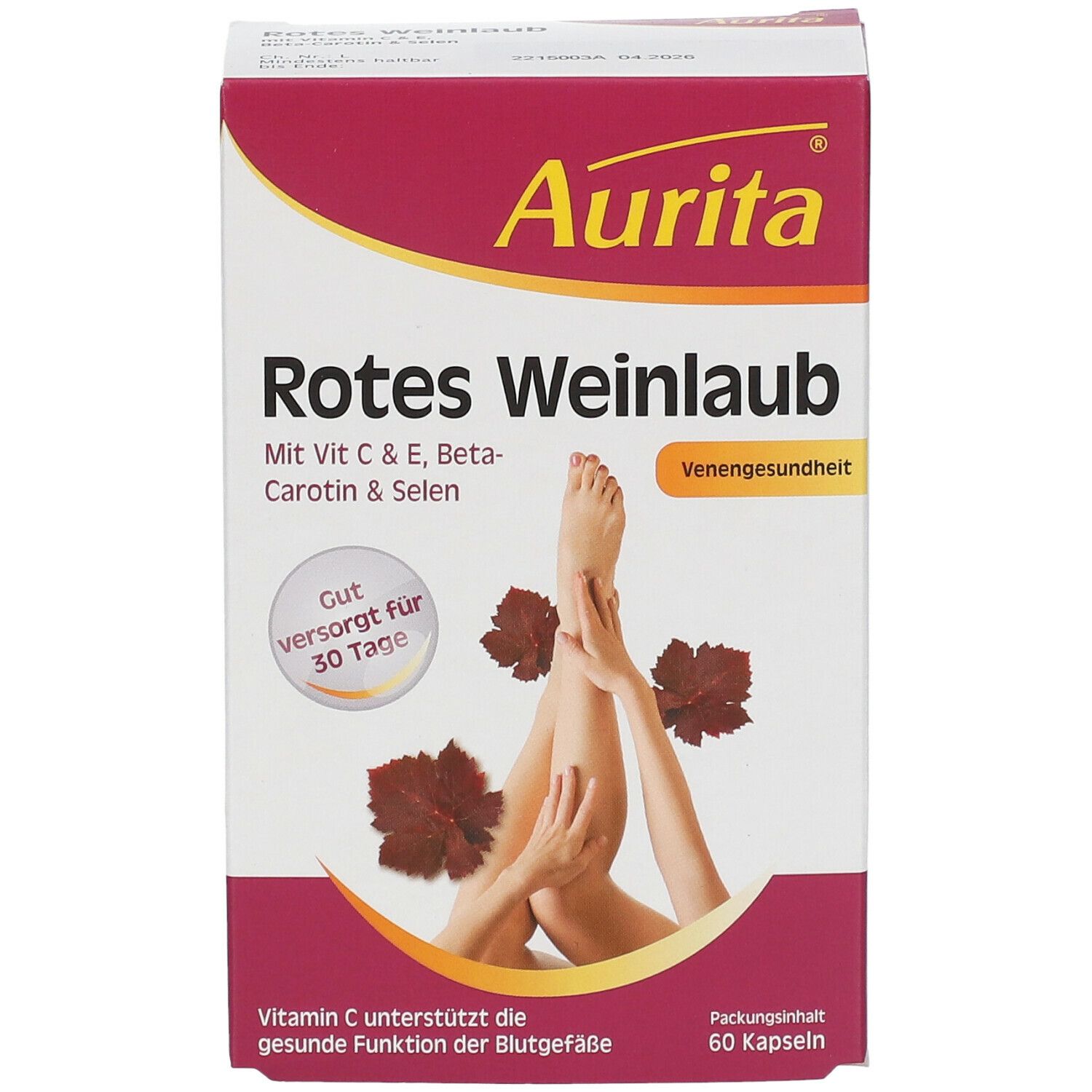 Aurita® Rotes Weinlaub-Verpackung. Aufschrift: Rotes Weinlaub, Mit Vit C & E, Beta-Carotin & Selen. Venengesundheit. 60 Kapseln.