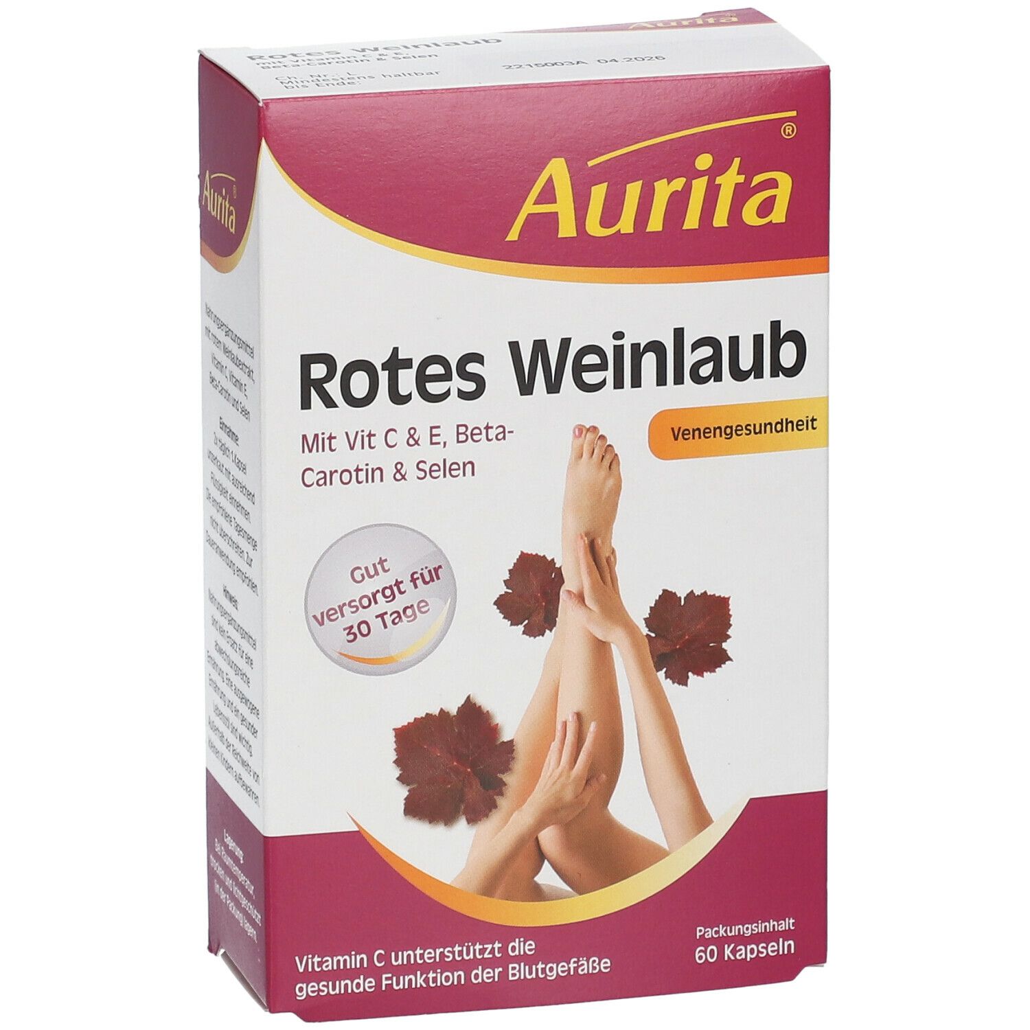 Aurita® Rotes Weinlaub-Verpackung. Aufschrift: Rotes Weinlaub, Mit Vit C & E, Beta-Carotin & Selen. Venengesundheit. 60 Kapseln.