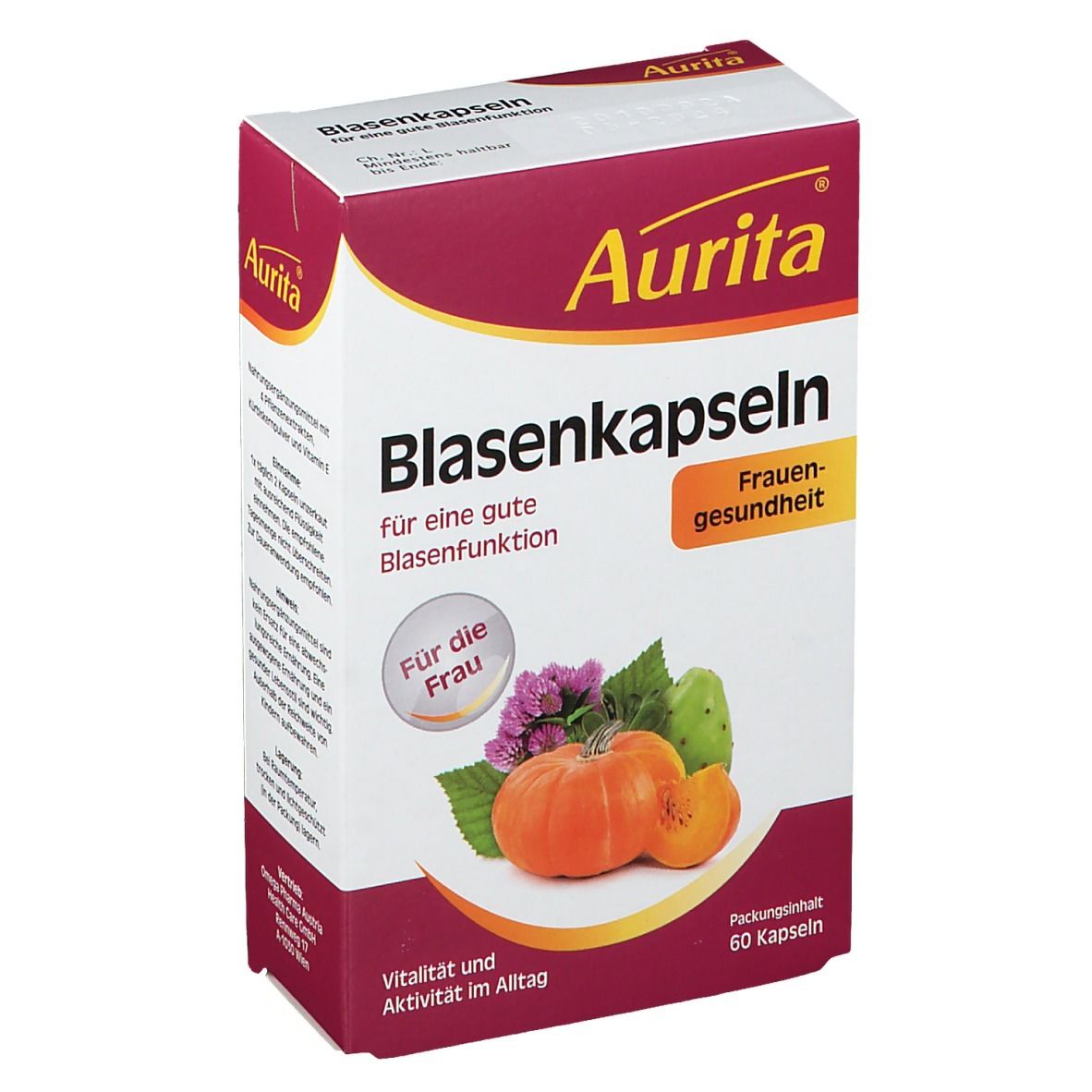 Aurita Blasenkapseln-Verpackung. Weiß-rot, mit Produktname, Kürbis-Illustration und 60 Kapseln. Für Frauengesundheit.
