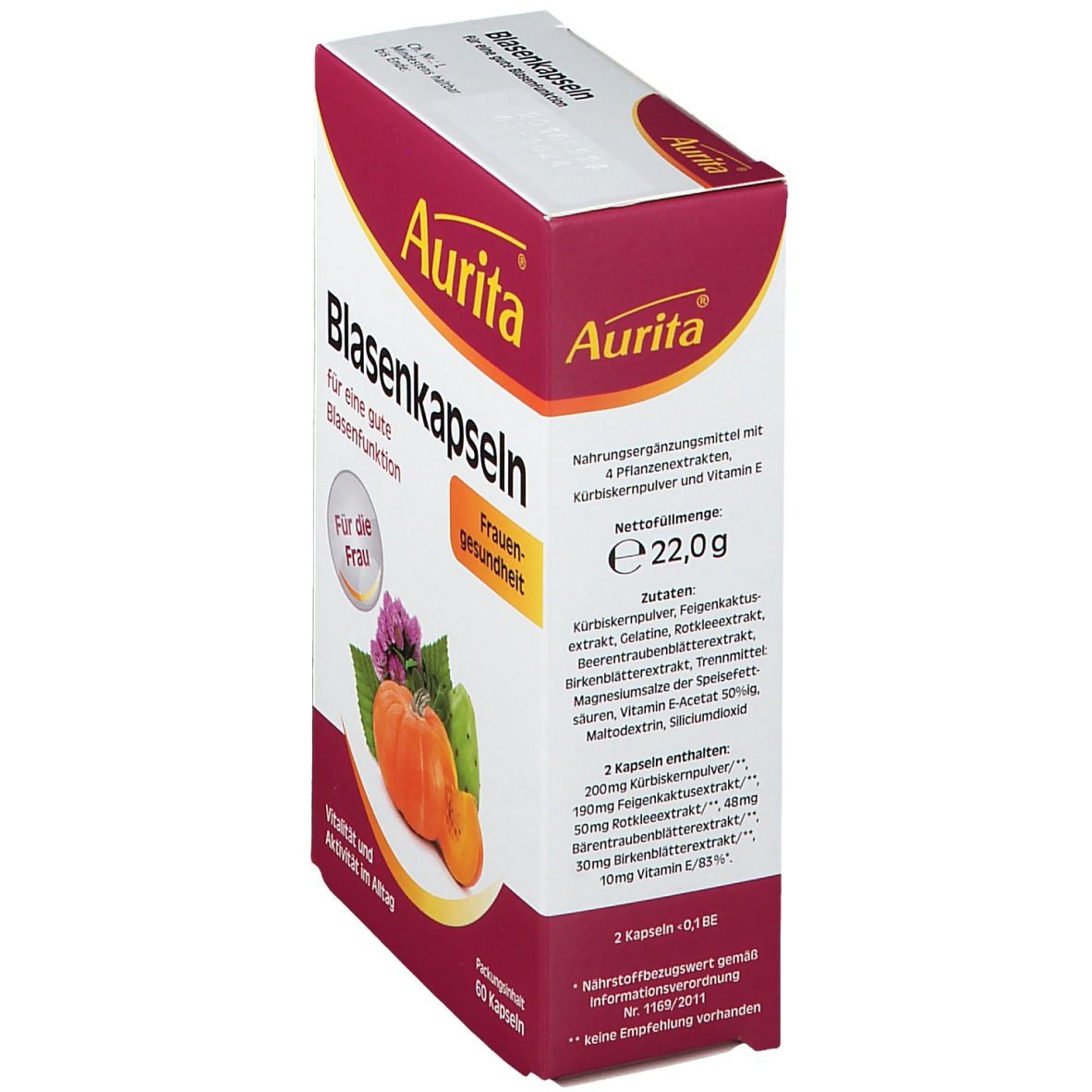 Aurita Blasenkapseln-Verpackung, weiß-rot. Produktname, Inhaltsstoffe, Dosierung und 60 Kapseln. Für Frauengesundheit.