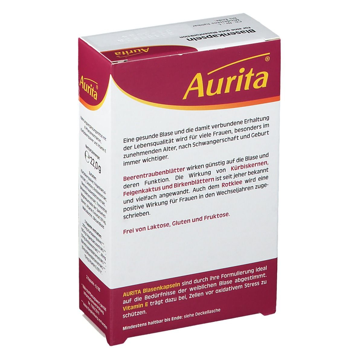 Aurita Blasenkapseln-Verpackung, weiß-rot. Text über die Wirkung auf die Blase und Inhaltsstoffe. Frei von Laktose, Gluten und Fructose.
