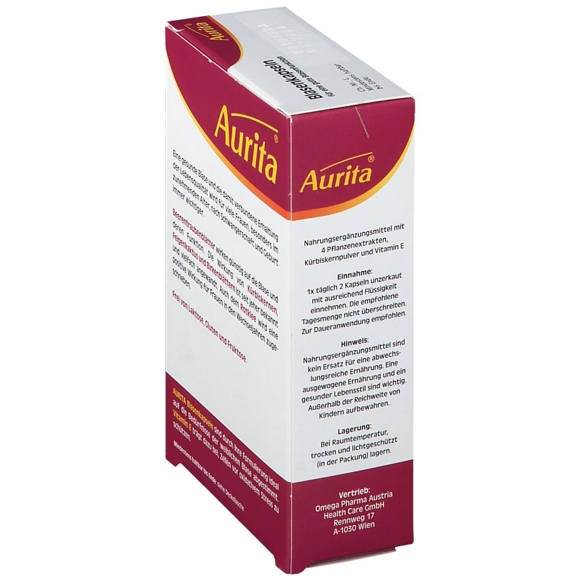 Aurita Blasenkapseln-Verpackung, weiß-rot. Text über die Anwendung und Lagerung. Herstellerinformationen.