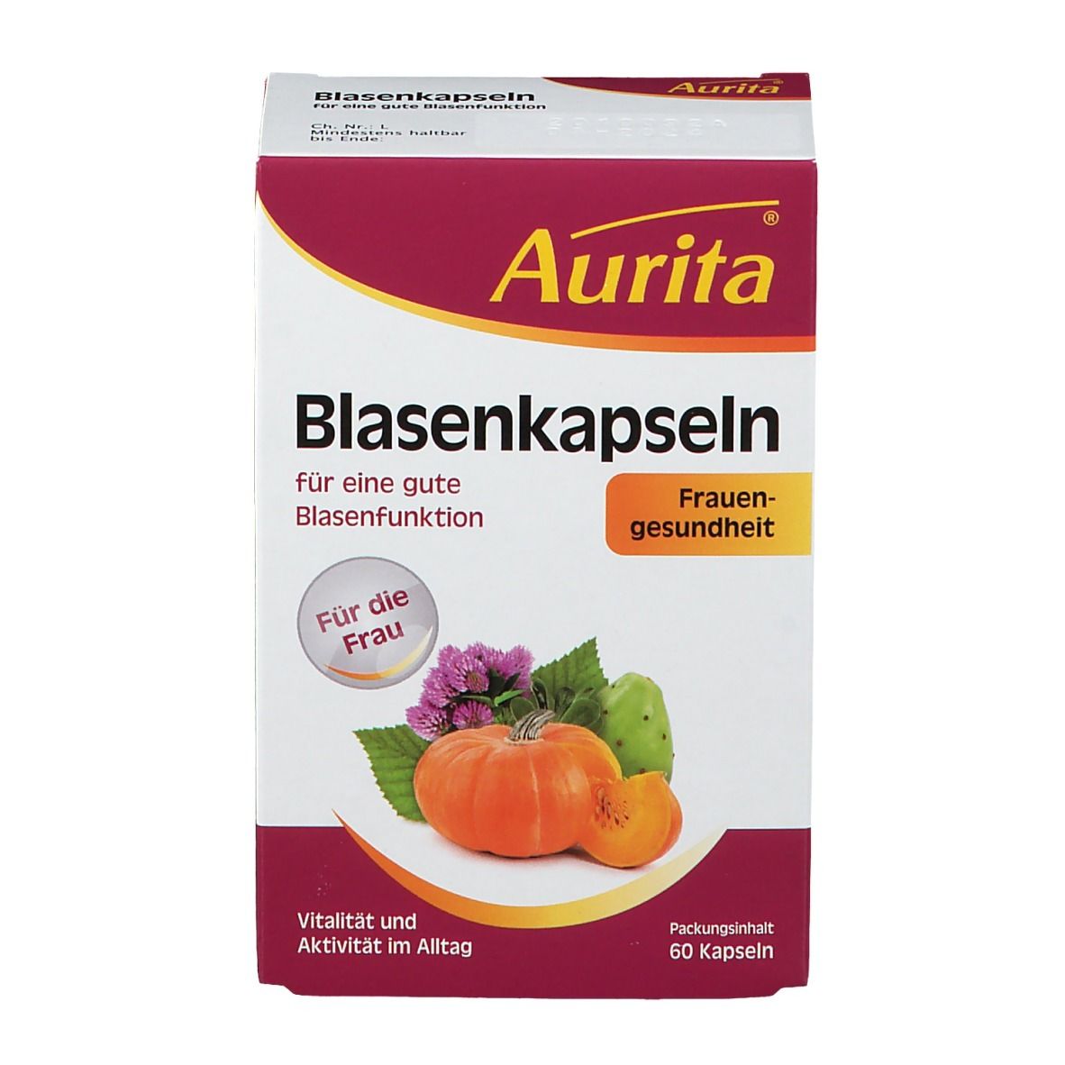 Aurita Blasenkapseln-Verpackung. Weiß-rot, mit Produktname, Kürbis-Illustration und 60 Kapseln. Für Frauengesundheit.