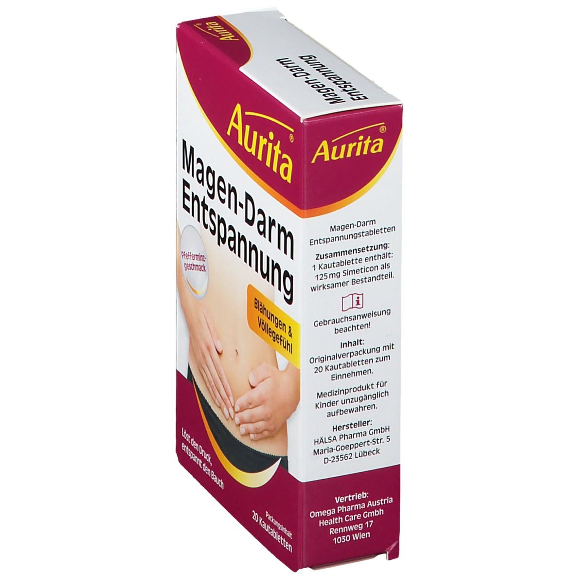Aurita Magen-Darm Entspannung Packung, schräg. Aufdruck: Pfefferminzgeschmack, Blähungen & Völlegefühl. 20 Kautabletten.