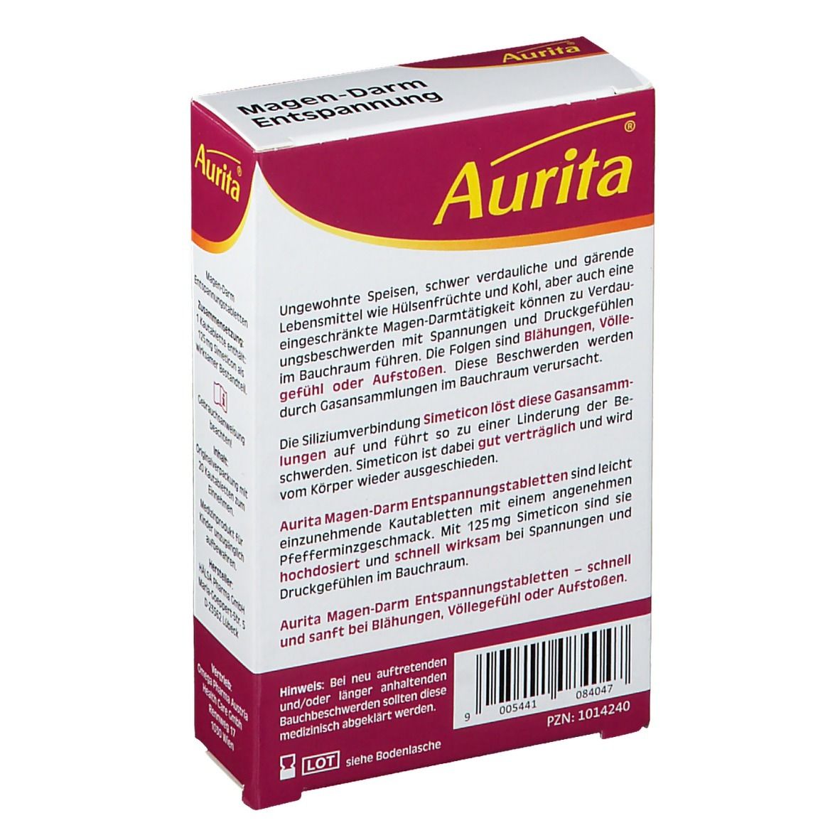 Aurita Magen-Darm Entspannung Packung, Rückseite. Text: Inhaltsstoffe, Anwendung, Herstellerinformationen, Chargennummer.