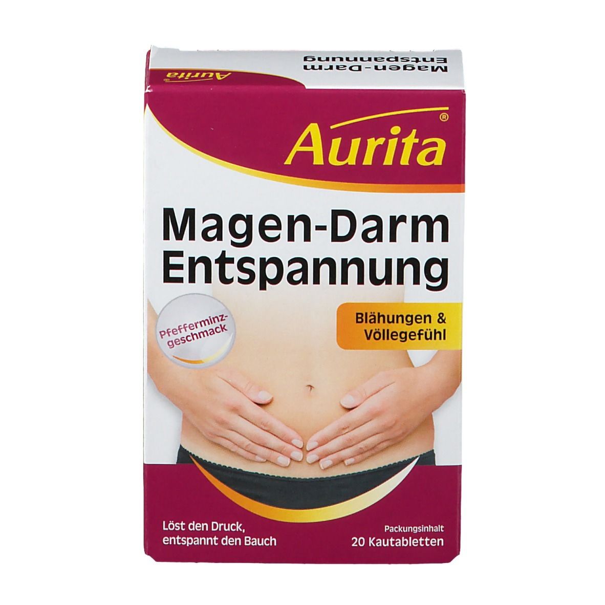 Aurita Magen-Darm Entspannung Packung. Aufdruck: Pfefferminzgeschmack, Blähungen & Völlegefühl. 20 Kautabletten.