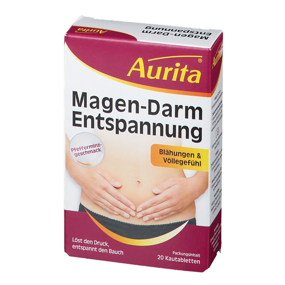 Aurita Magen-Darm Entspannung Packung. Aufdruck: Pfefferminzgeschmack, Blähungen & Völlegefühl. 20 Kautabletten.