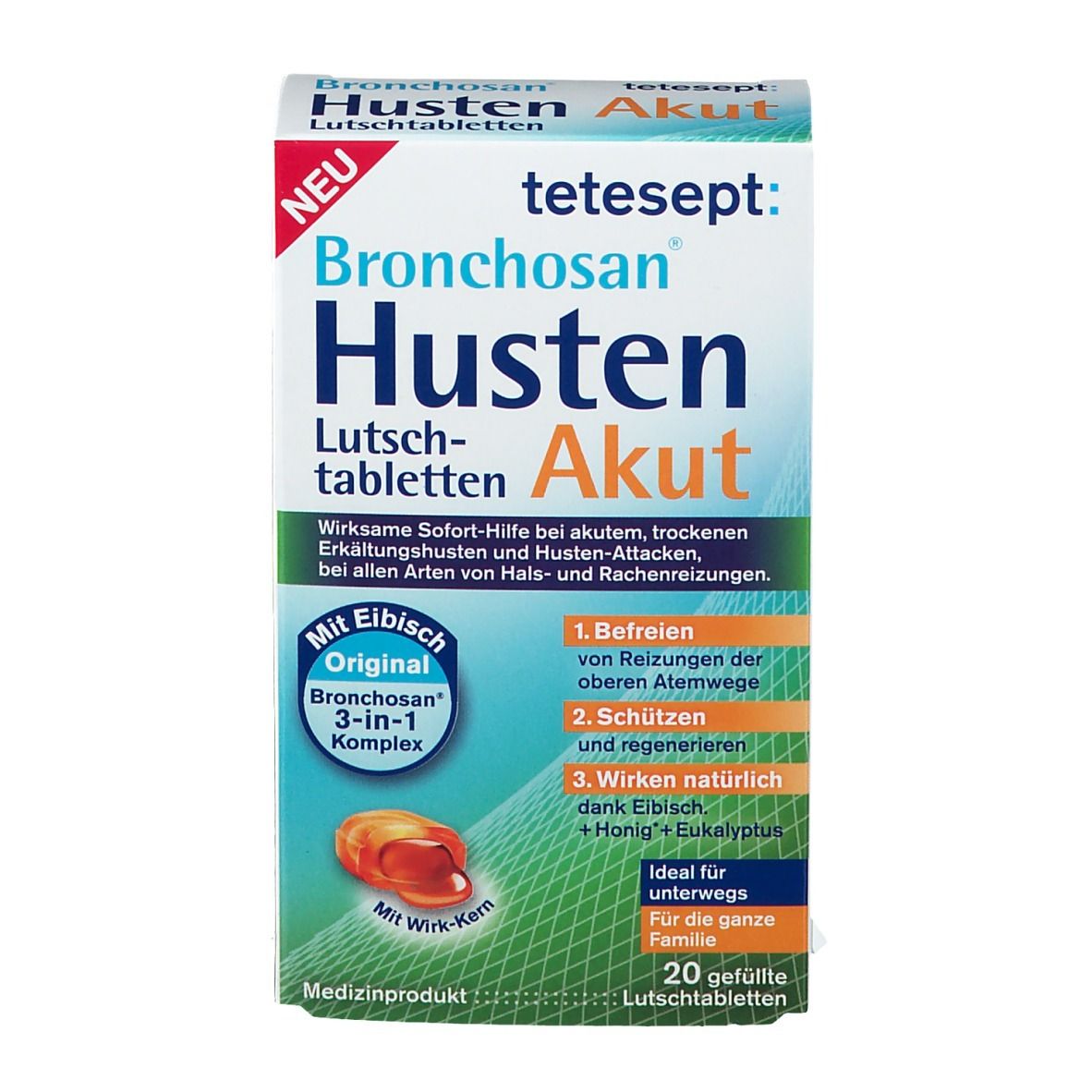 Vorderansicht der Verpackung von tetesept Bronchosan Husten Akut Lutschtabletten. Produktname und Logo.
